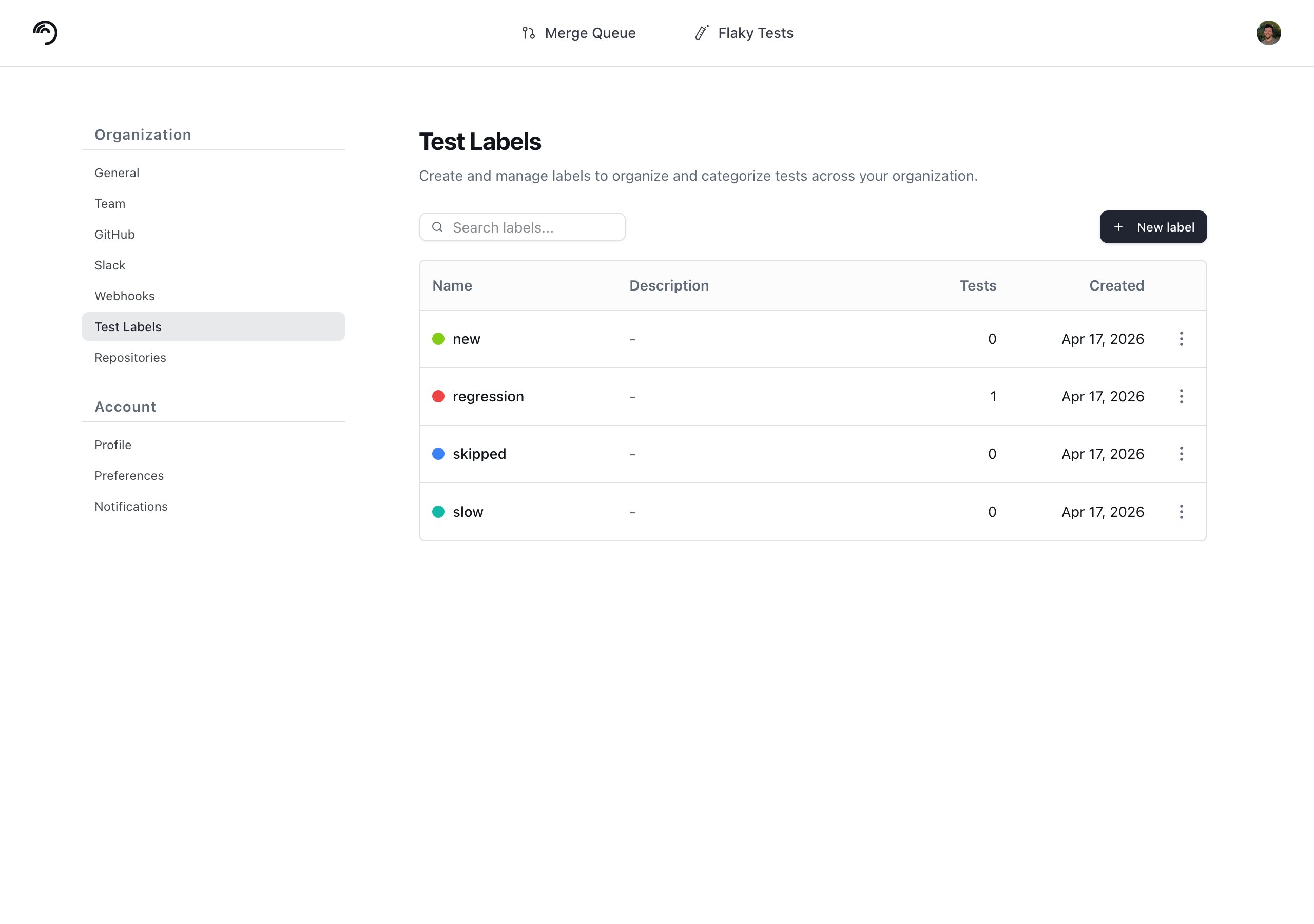 Labels applied to a test on details page