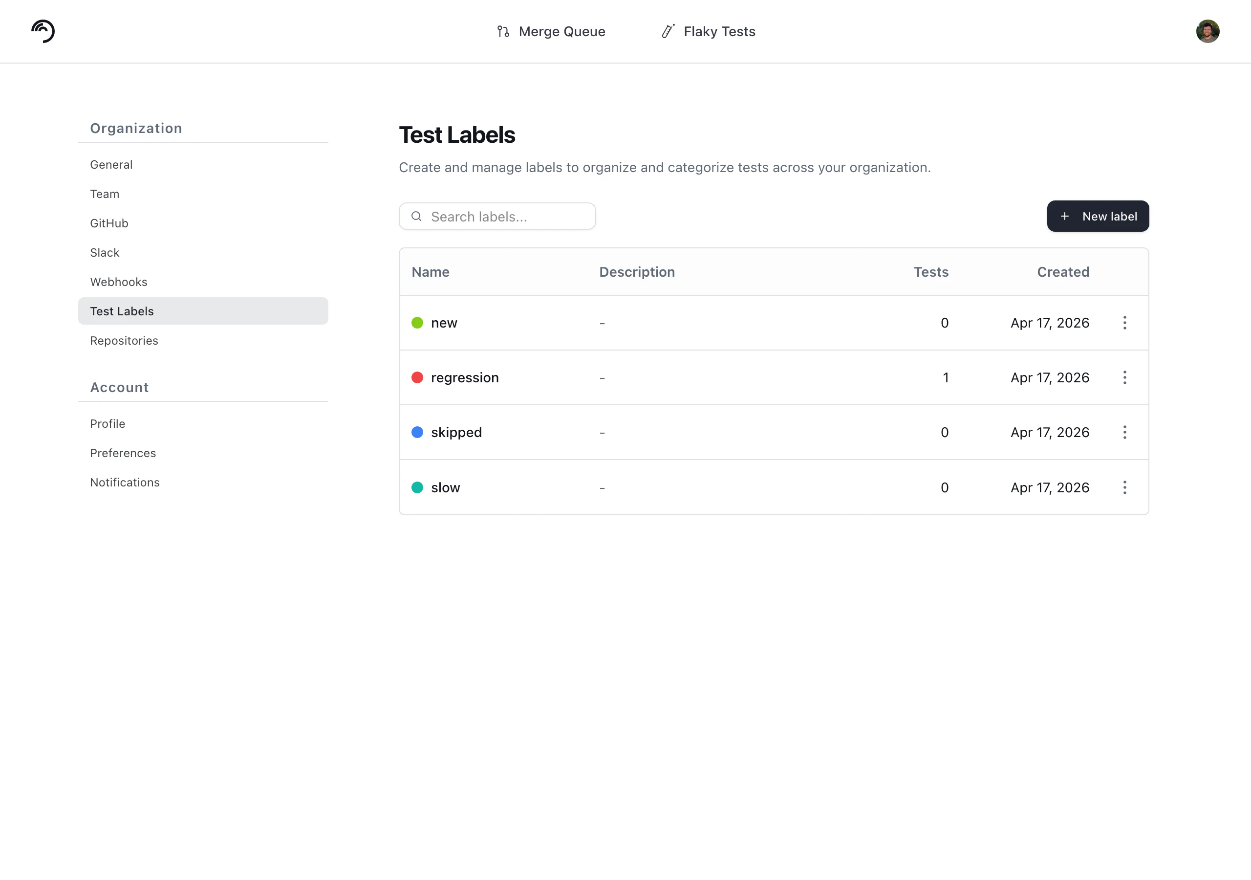 Labels applied to a test on details page