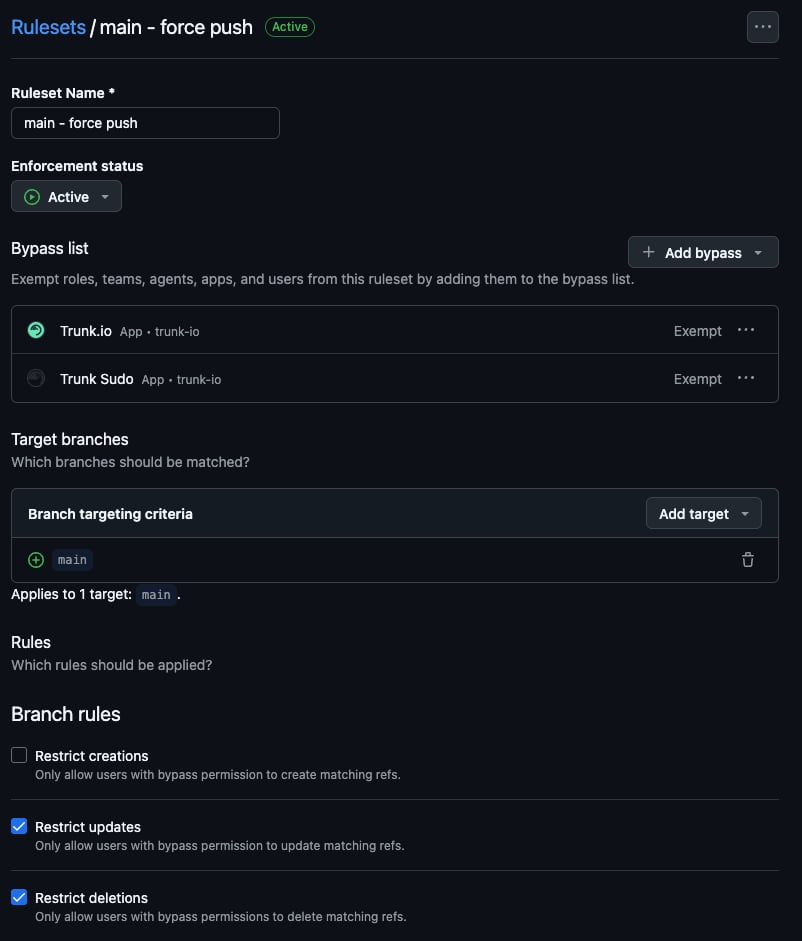 GitHub ruleset with Restrict updates and Restrict deletions enabled, Trunk.io and Trunk Sudo on the bypass list as Exempt