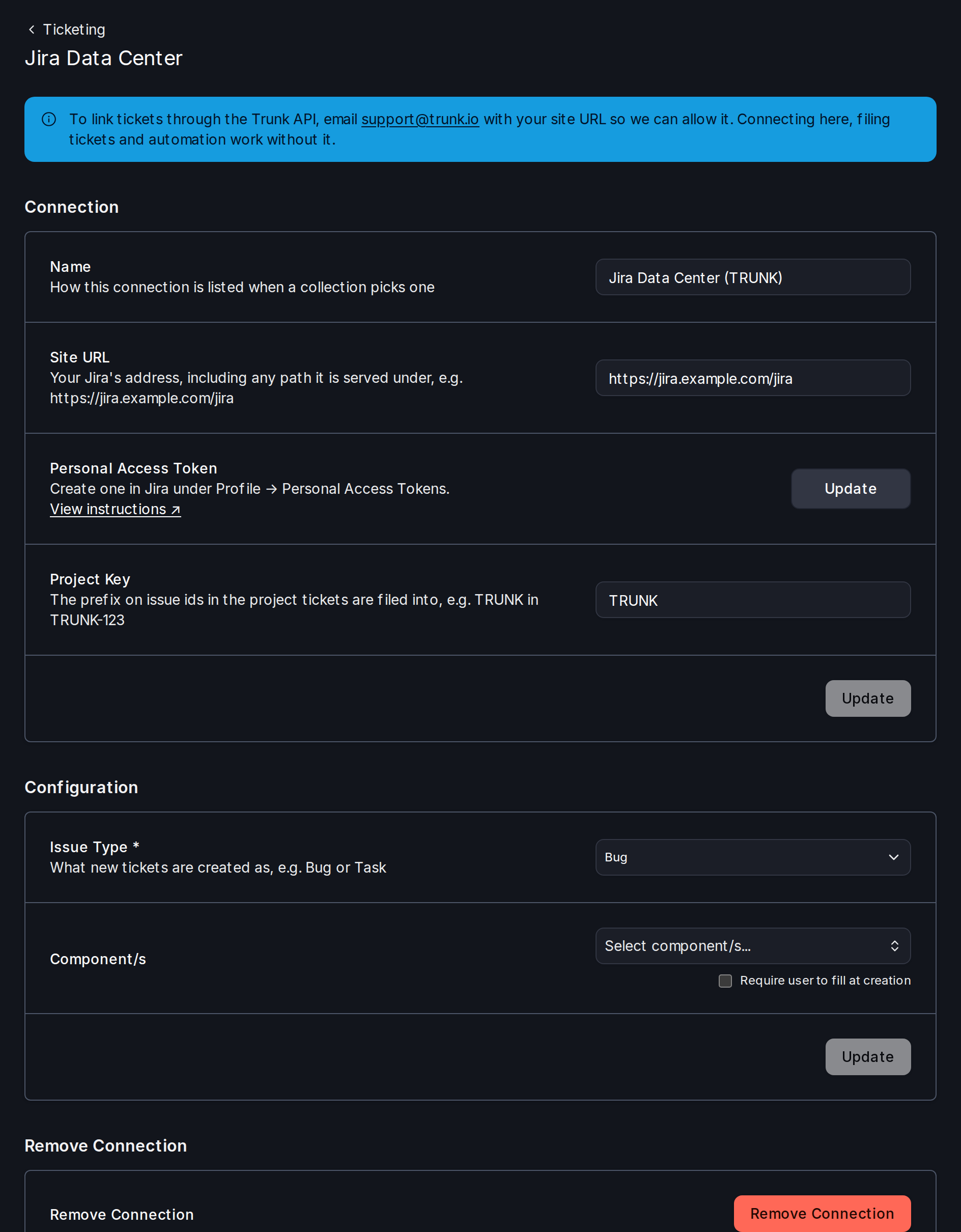 The Jira Data Center connection form, connected, with its Connection and Configuration sections
