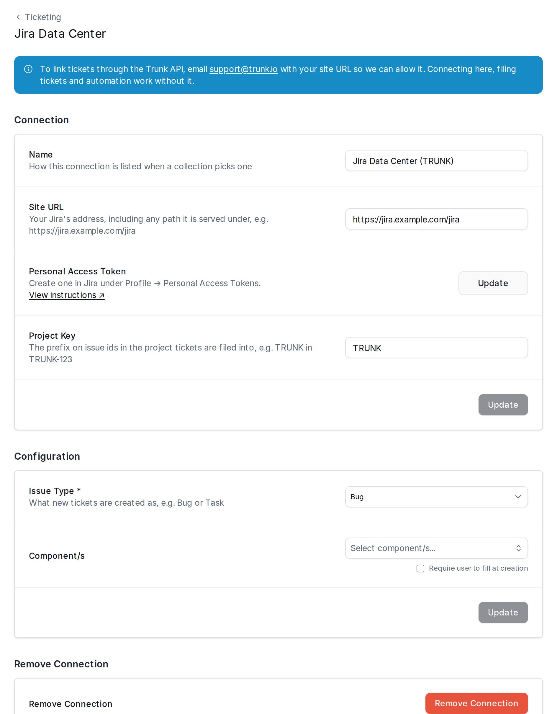 The Jira Data Center connection form, connected, with its Connection and Configuration sections