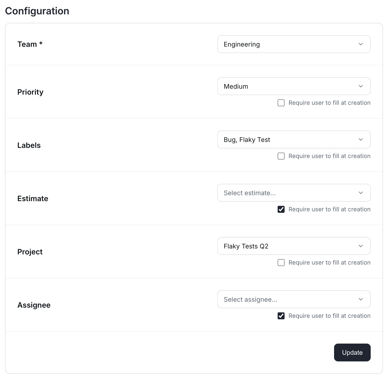 Linear integration settings showing field defaults for Priority, Labels, Estimate, Project, and Assignee