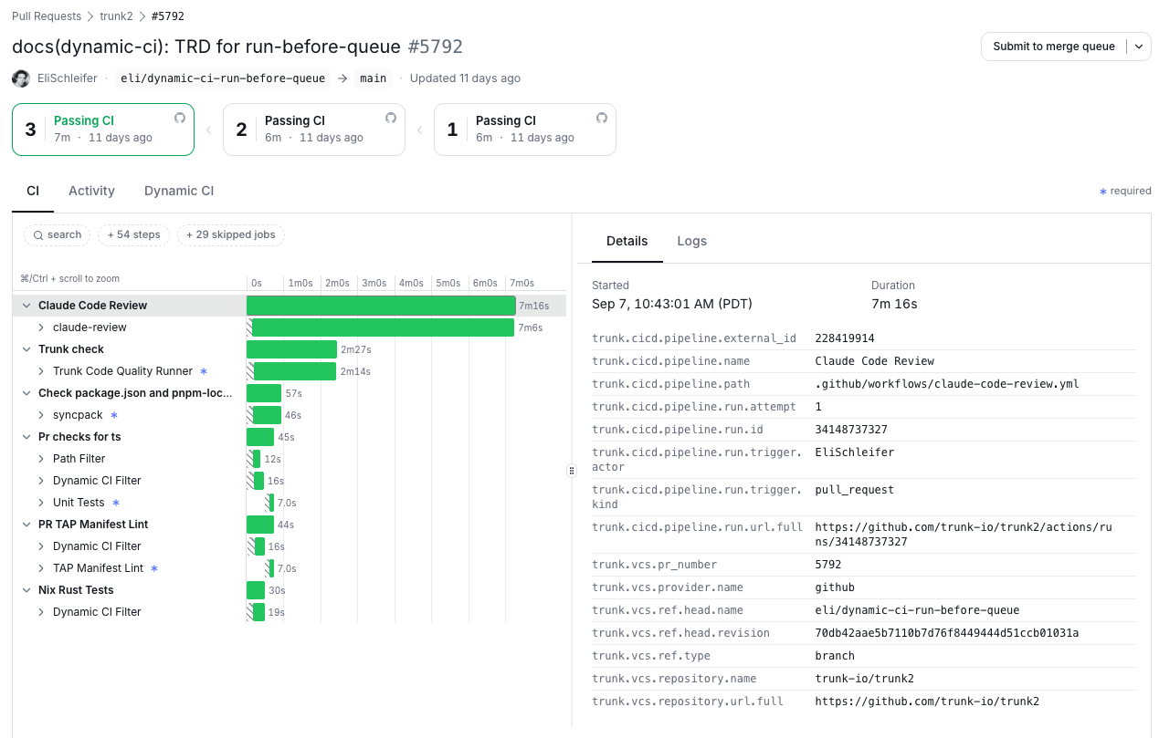 The pull request detail view, with the attempt picker above a waterfall of every job that ran on the selected commit