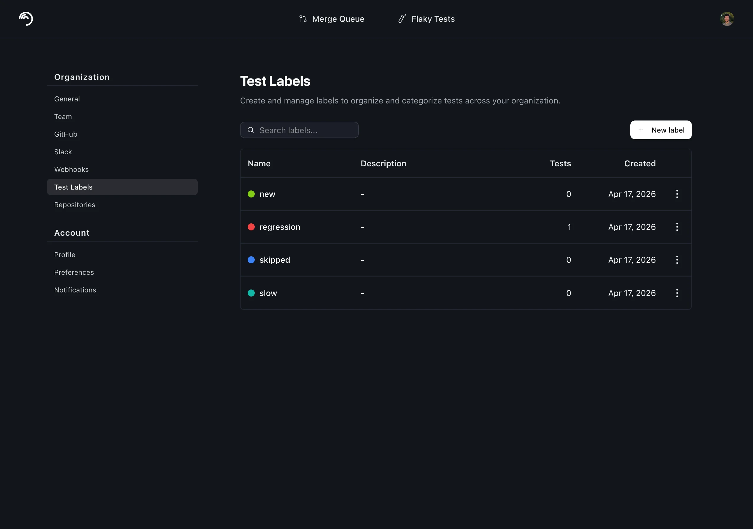Labels applied to a test on details page
