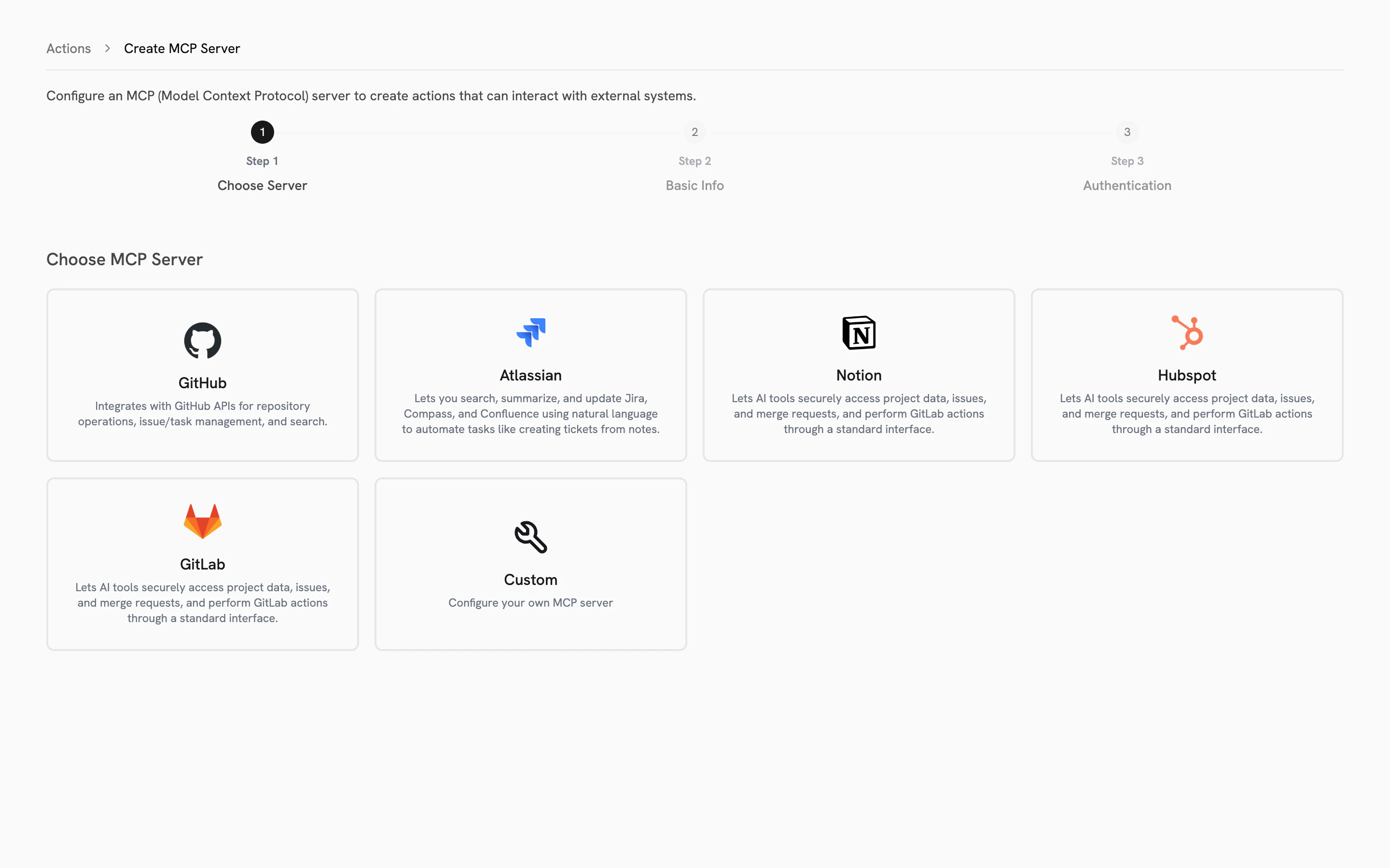 Actions setup wizard showing 5 pre-configured MCP servers and Custom option