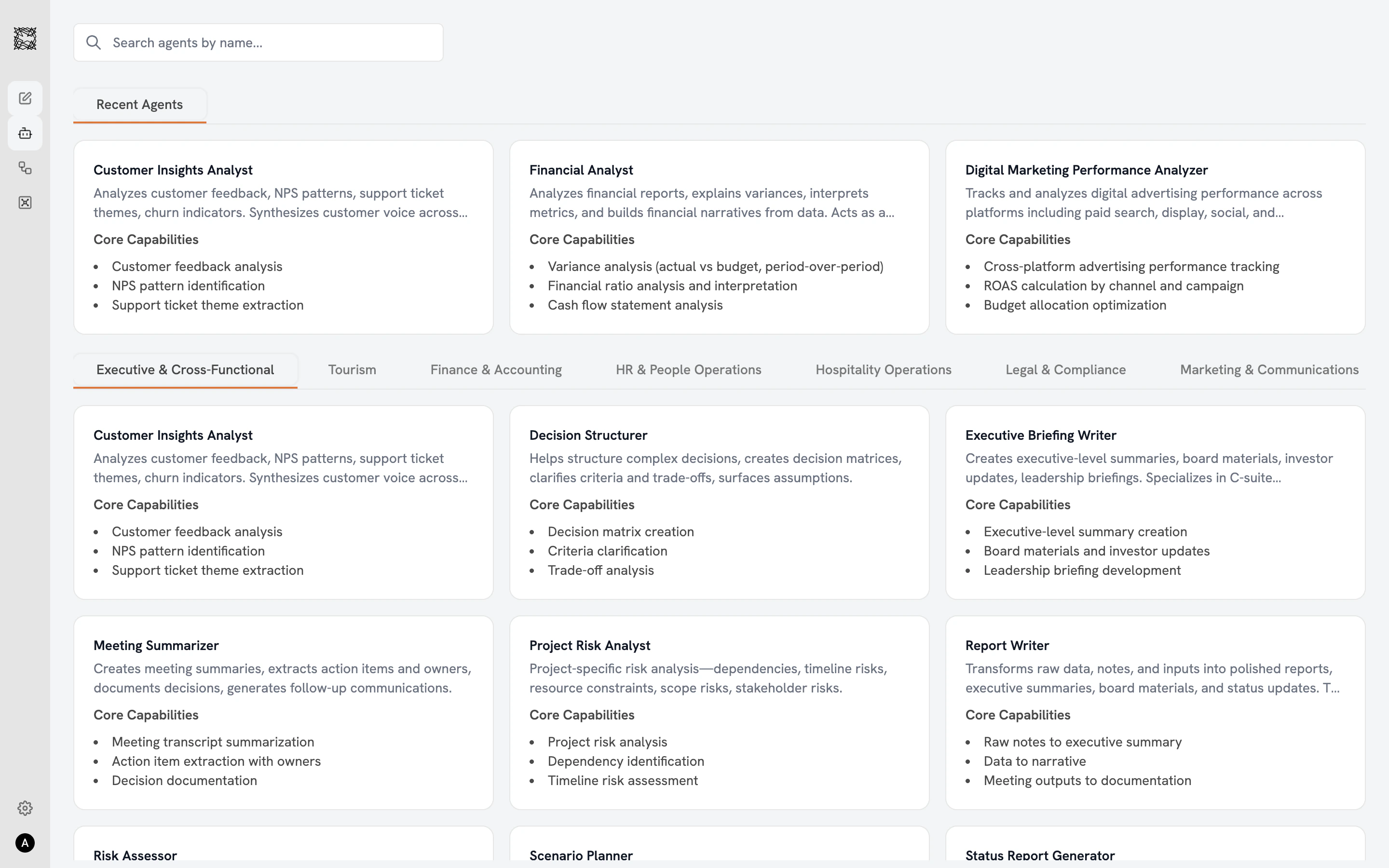 Trusapien Agent catalog showing department tabs and Agent cards in a grid
