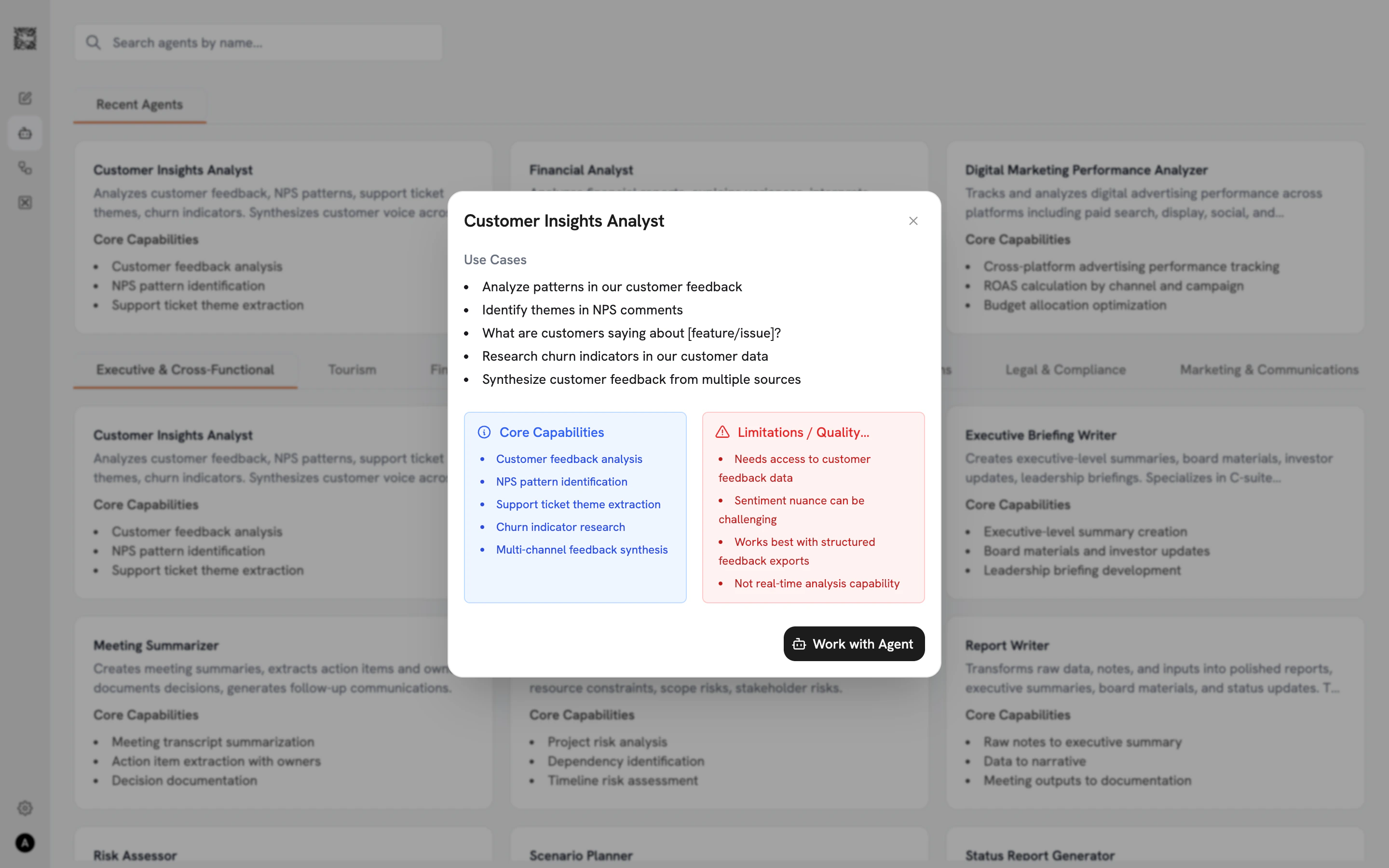 Agent detail modal showing Use Cases, Core Capabilities with green checkmarks, and Limitations with red indicators
