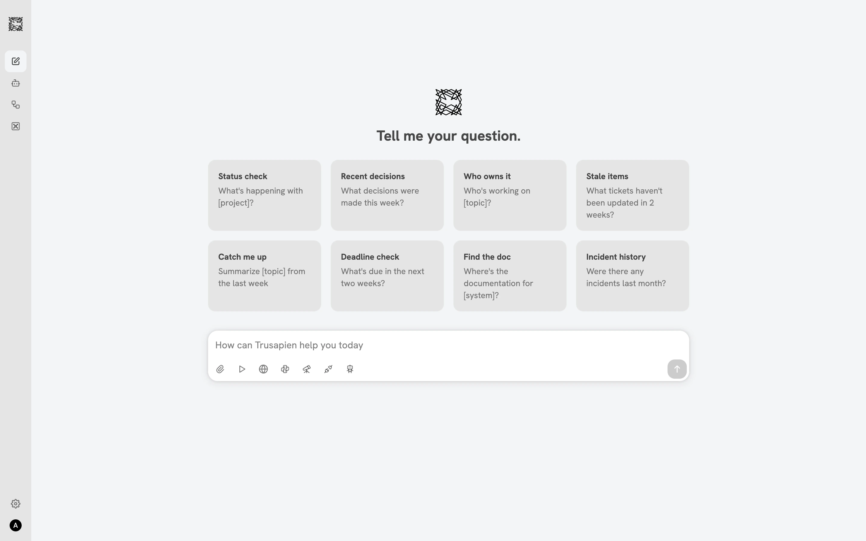 Trusapien Chat home screen showing the greeting, prompt suggestion cards, and capability icons