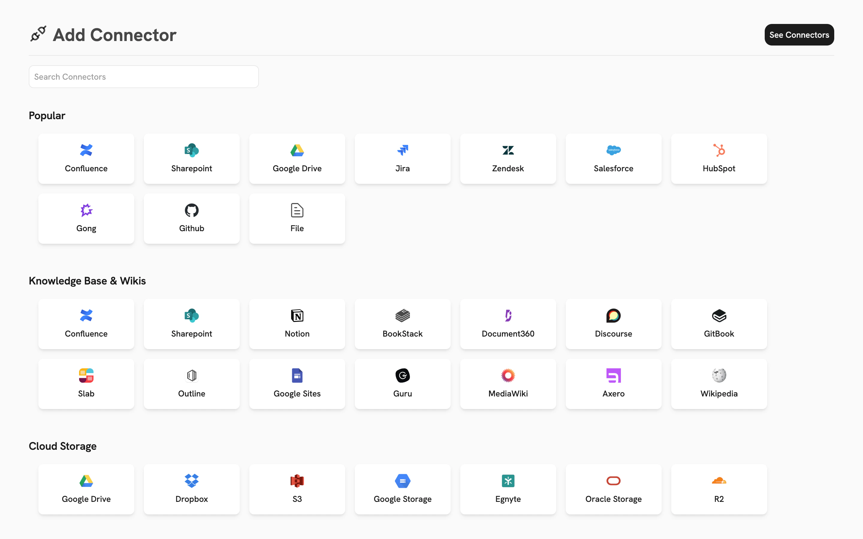 Add Connector catalog showing Connector cards organized by category