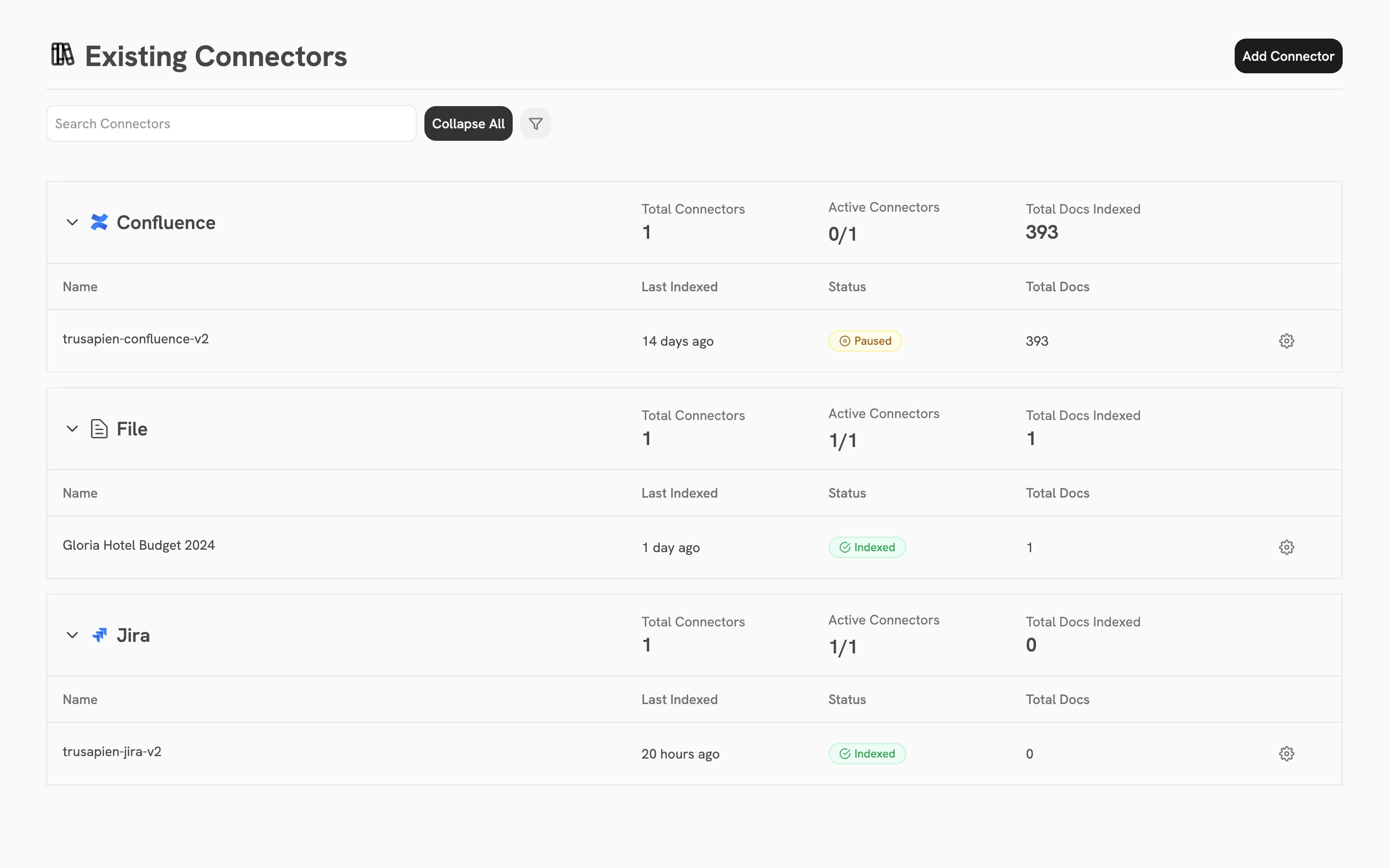 Existing Connectors page showing configured connectors with status, document count, and indexing details