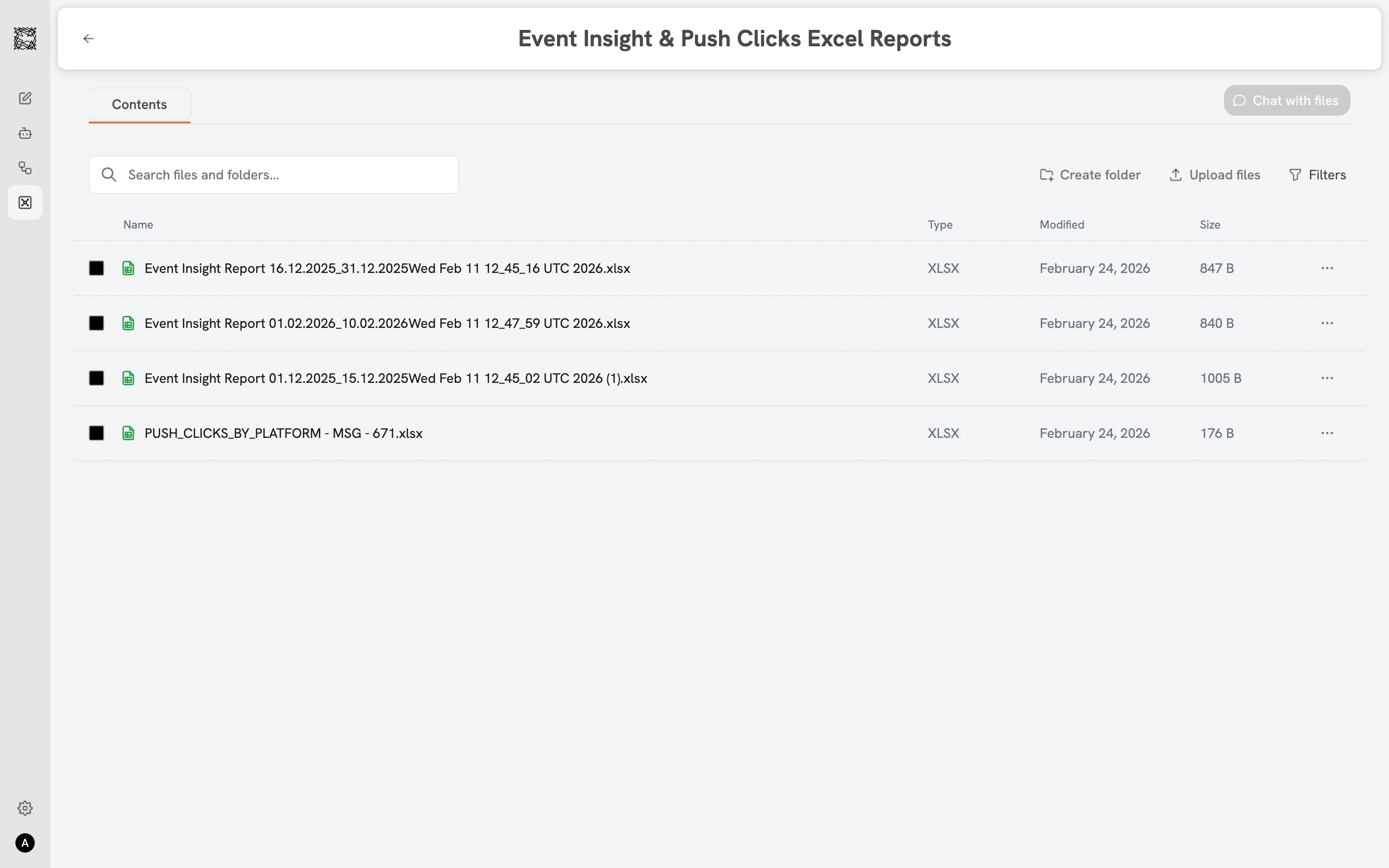 Vault folder contents showing file list with checkboxes, file details, and Chat with files button