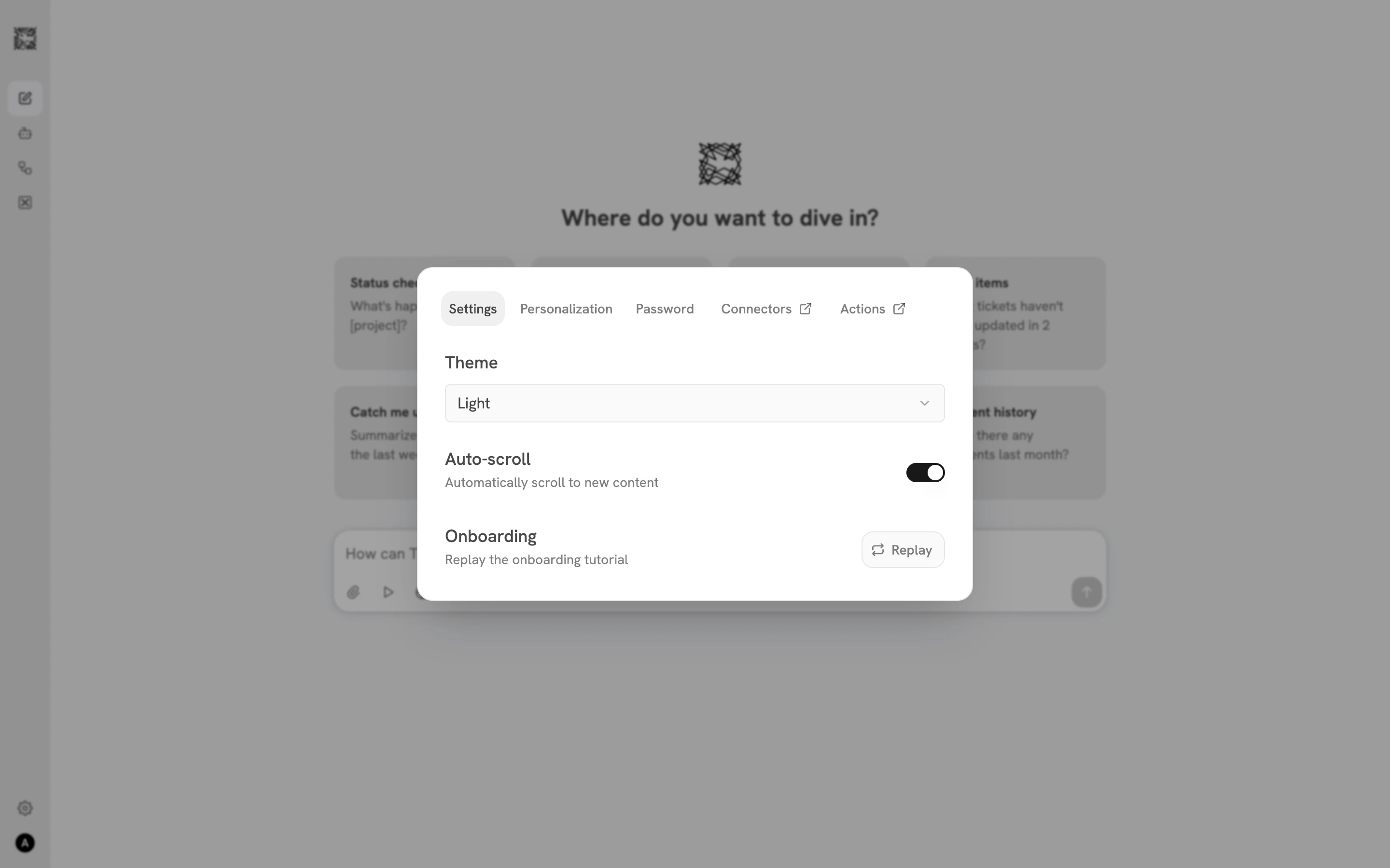 Trusapien Settings modal showing the General tab with Theme, Auto-scroll, and Onboarding options