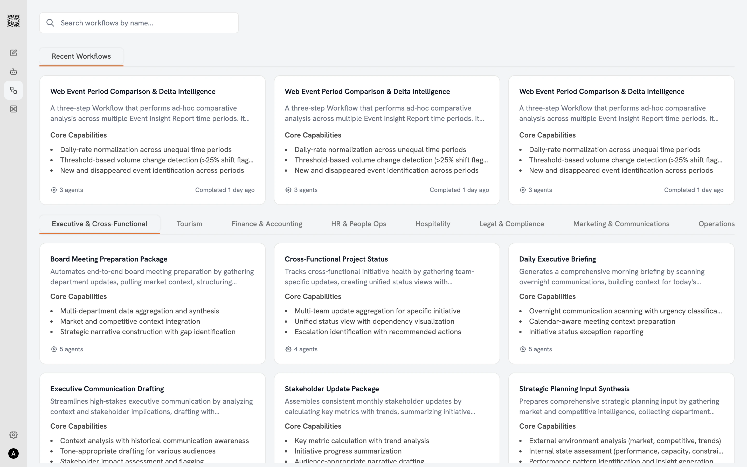 Workflow catalog showing department tabs, Workflow cards with Agent count badges, and running status indicators