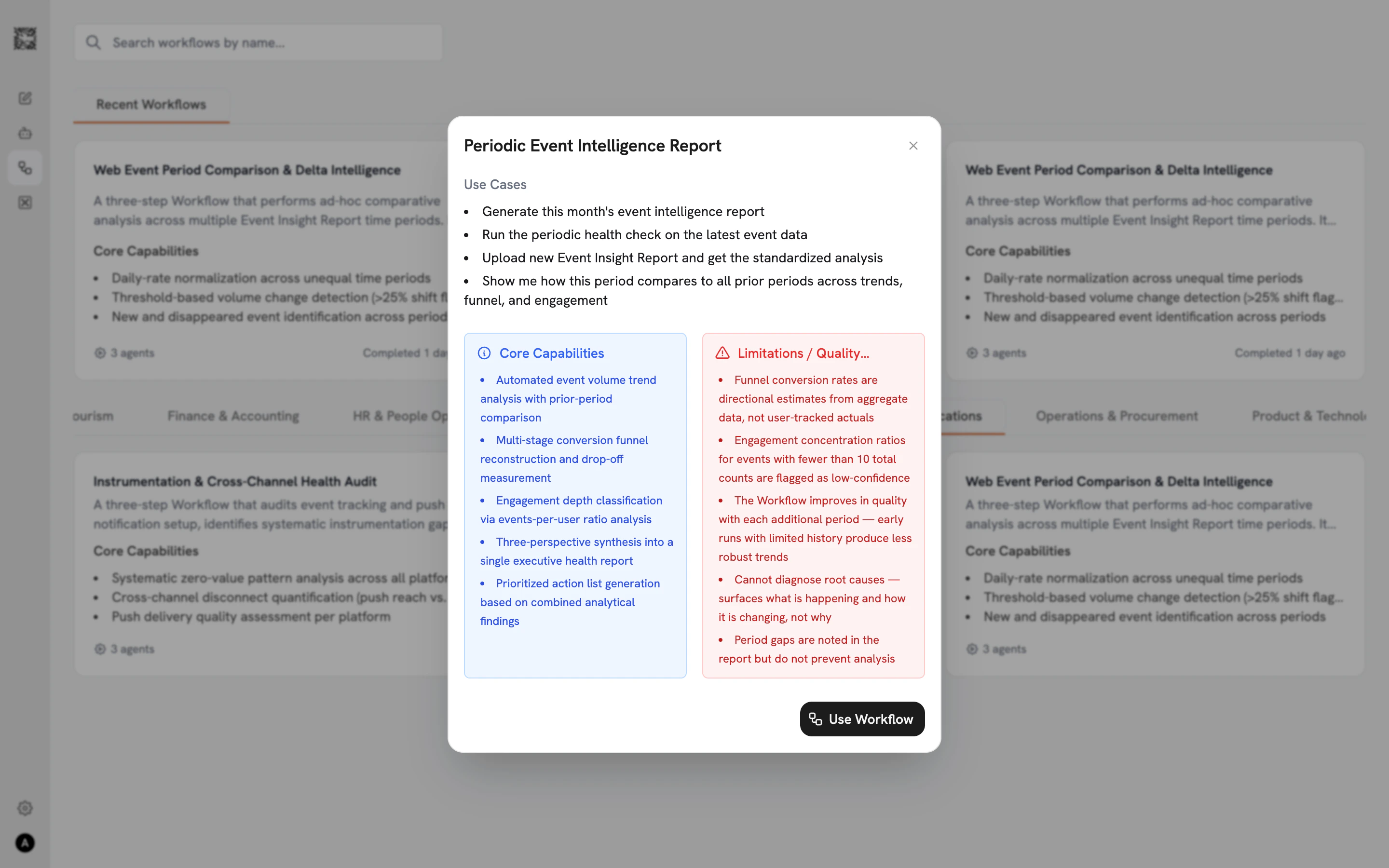 Workflow detail modal showing Use Cases, Core Capabilities, and Limitations