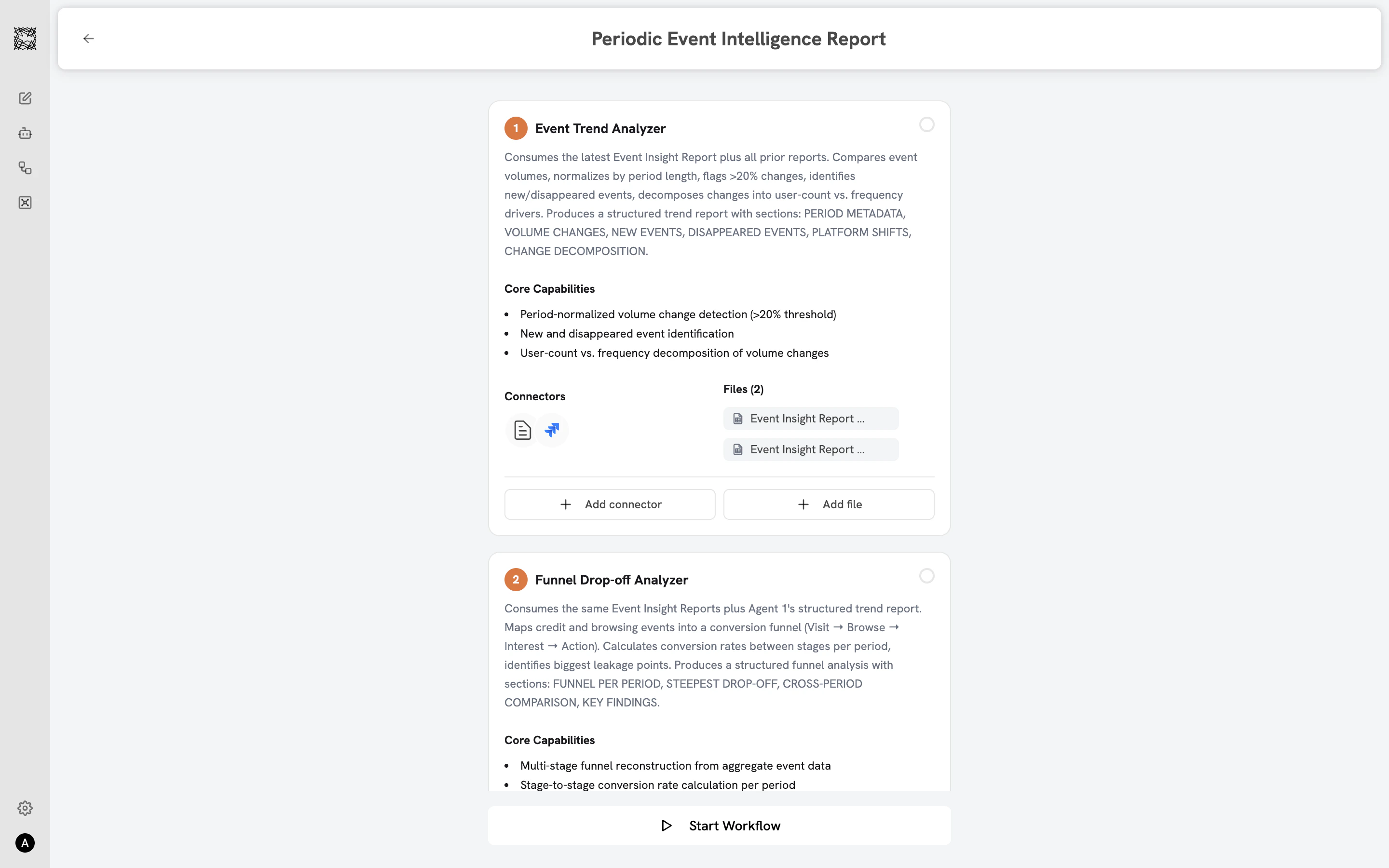 Workflow setup page showing Sub-agent steps with attached Connectors and files