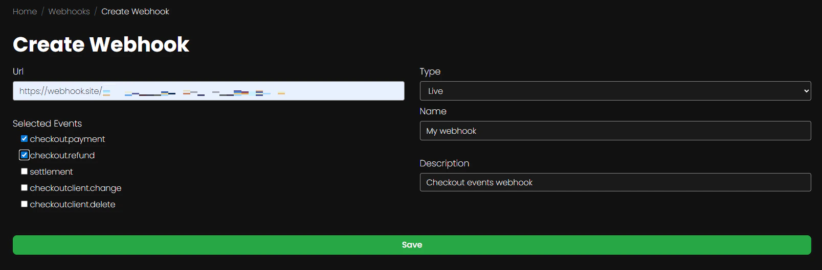 Webhook admin screenshot