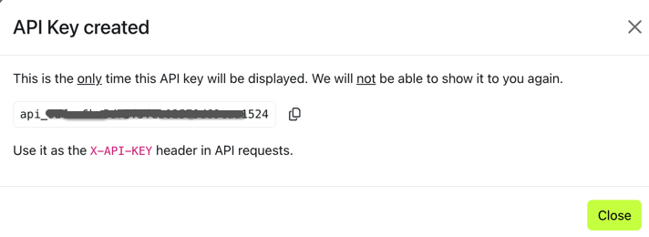 API credentials screen
