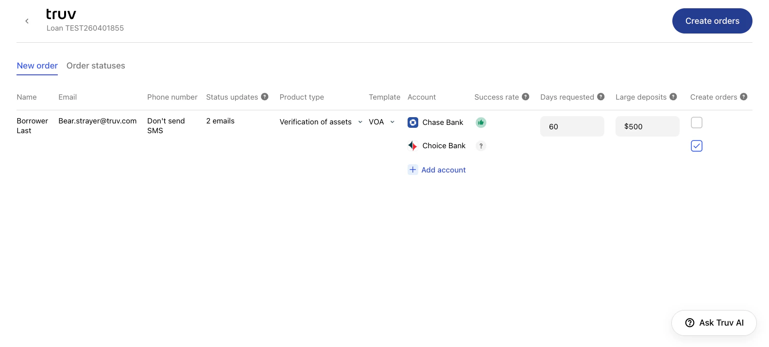 New order tab after adding Choice Bank, with checkboxes to select accounts