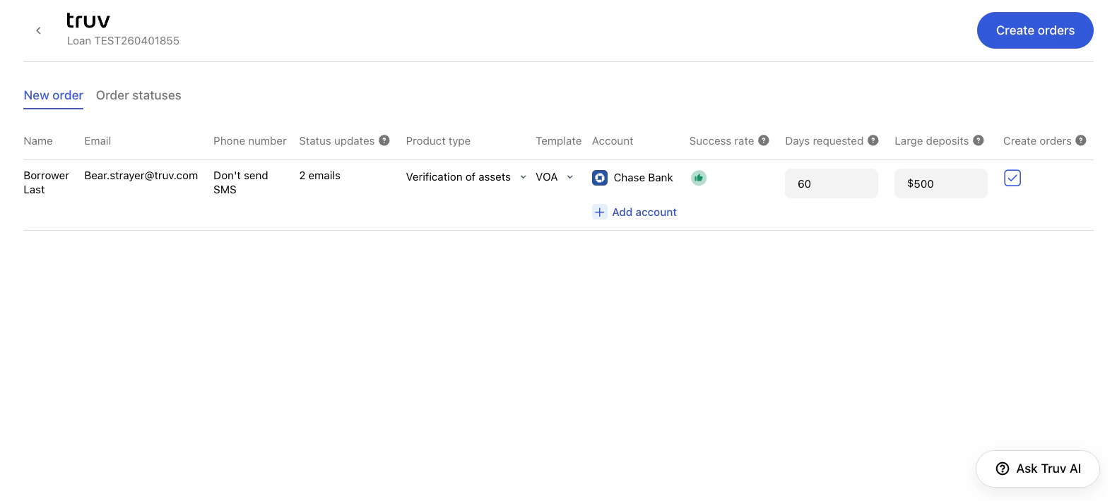 New order tab showing Add account button under Account column