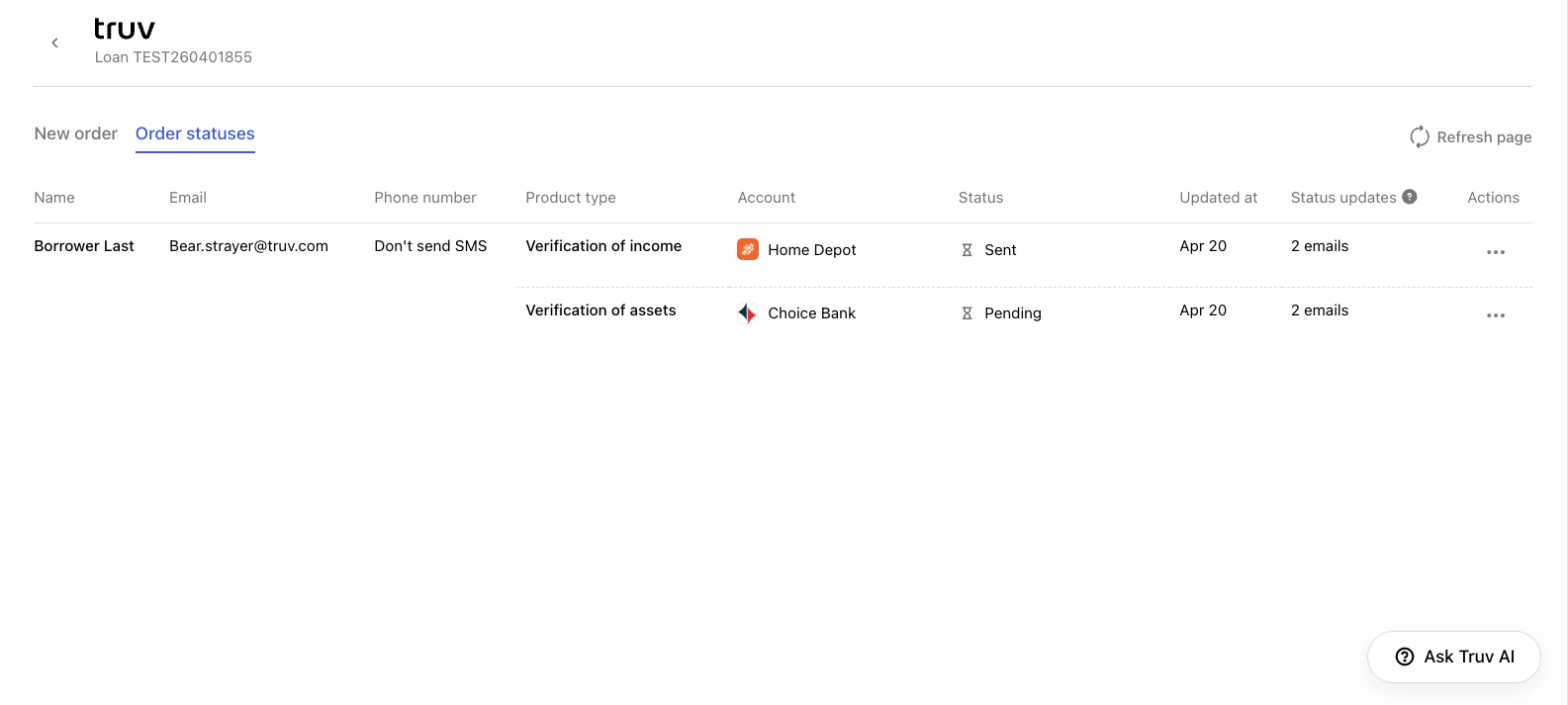 Order statuses tab showing orders created for each selected account