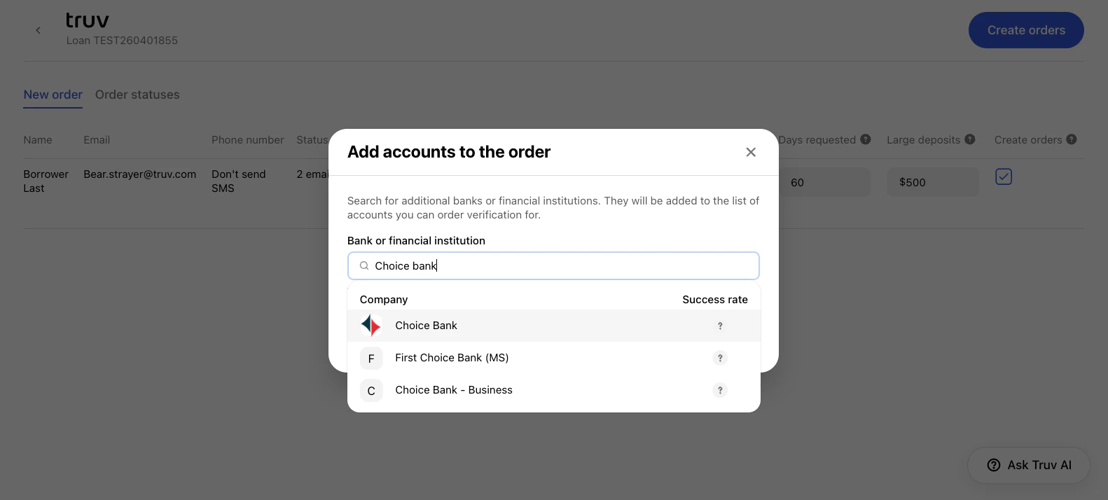 Search dialog for adding a bank or financial institution