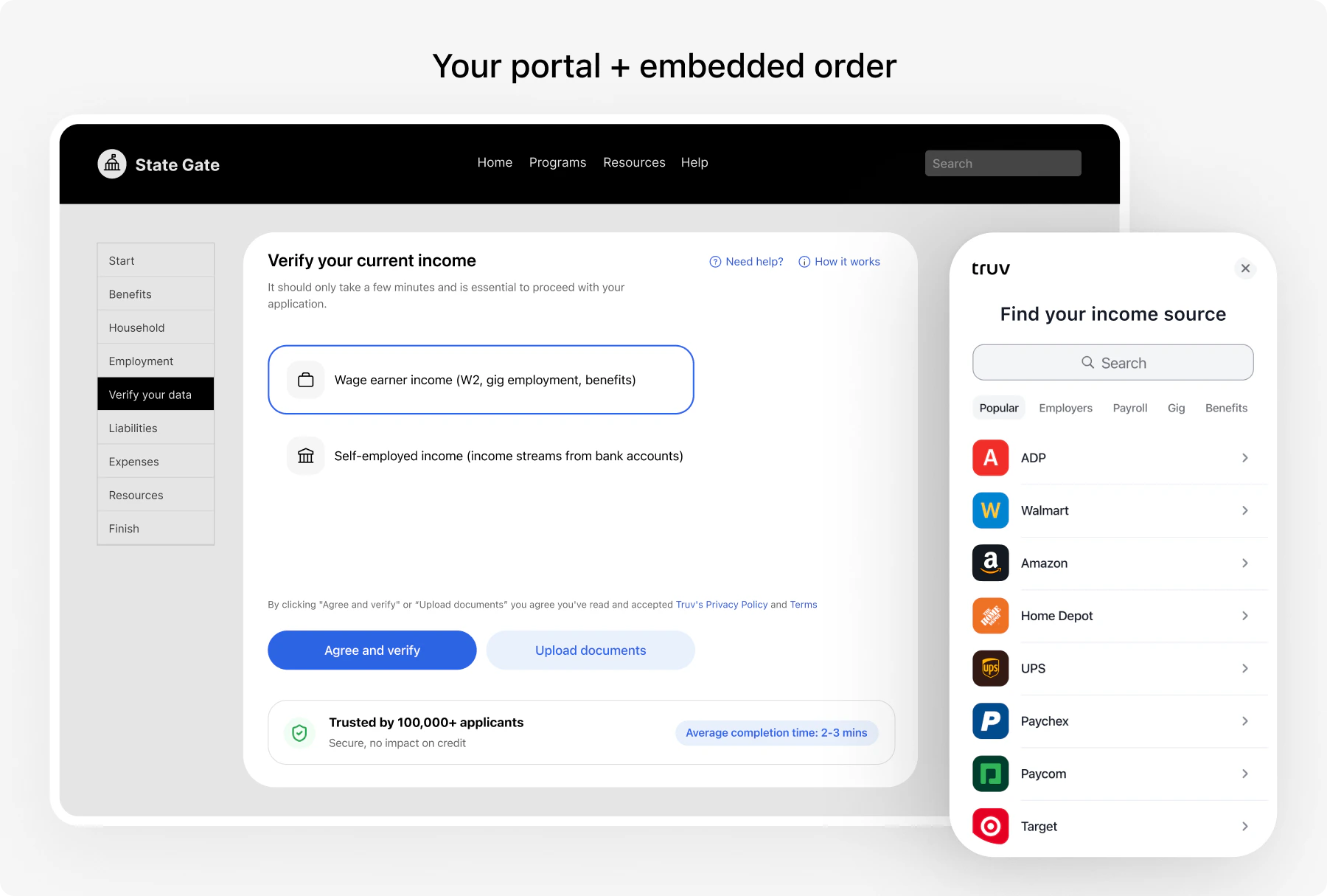 Portal with embedded order form and Truv Bridge widget