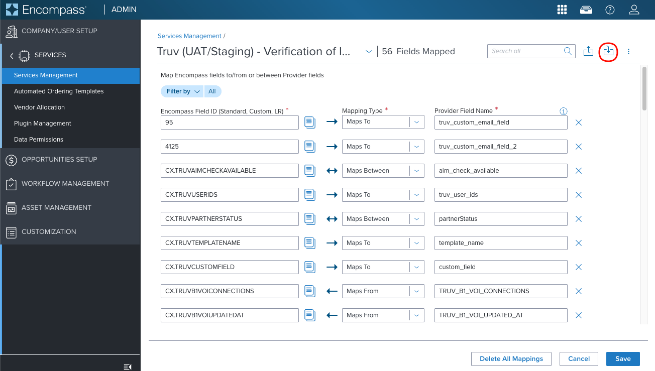 Import button on the Field Mapping page