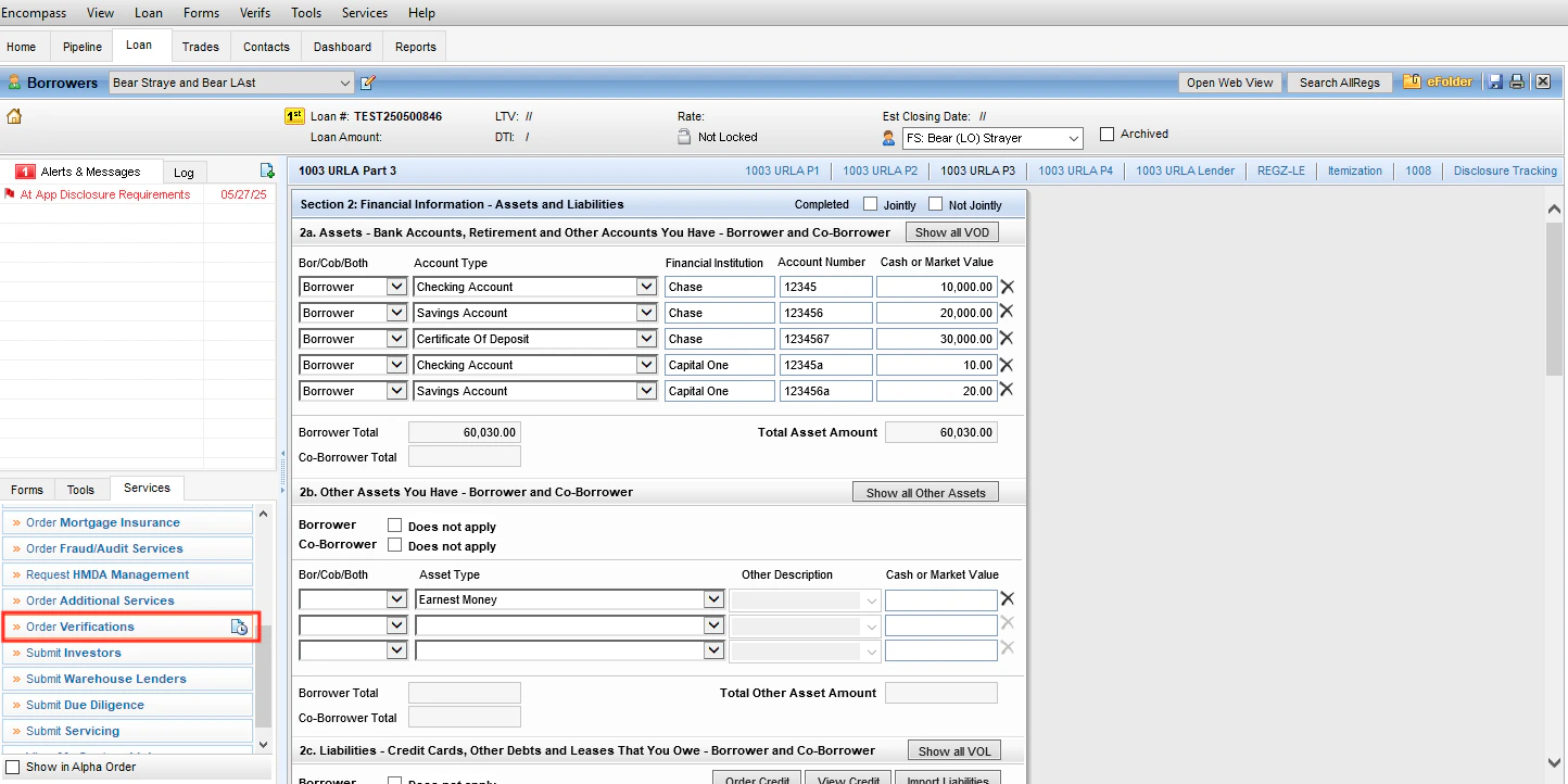 Select Order Verifications in Encompass for VOA