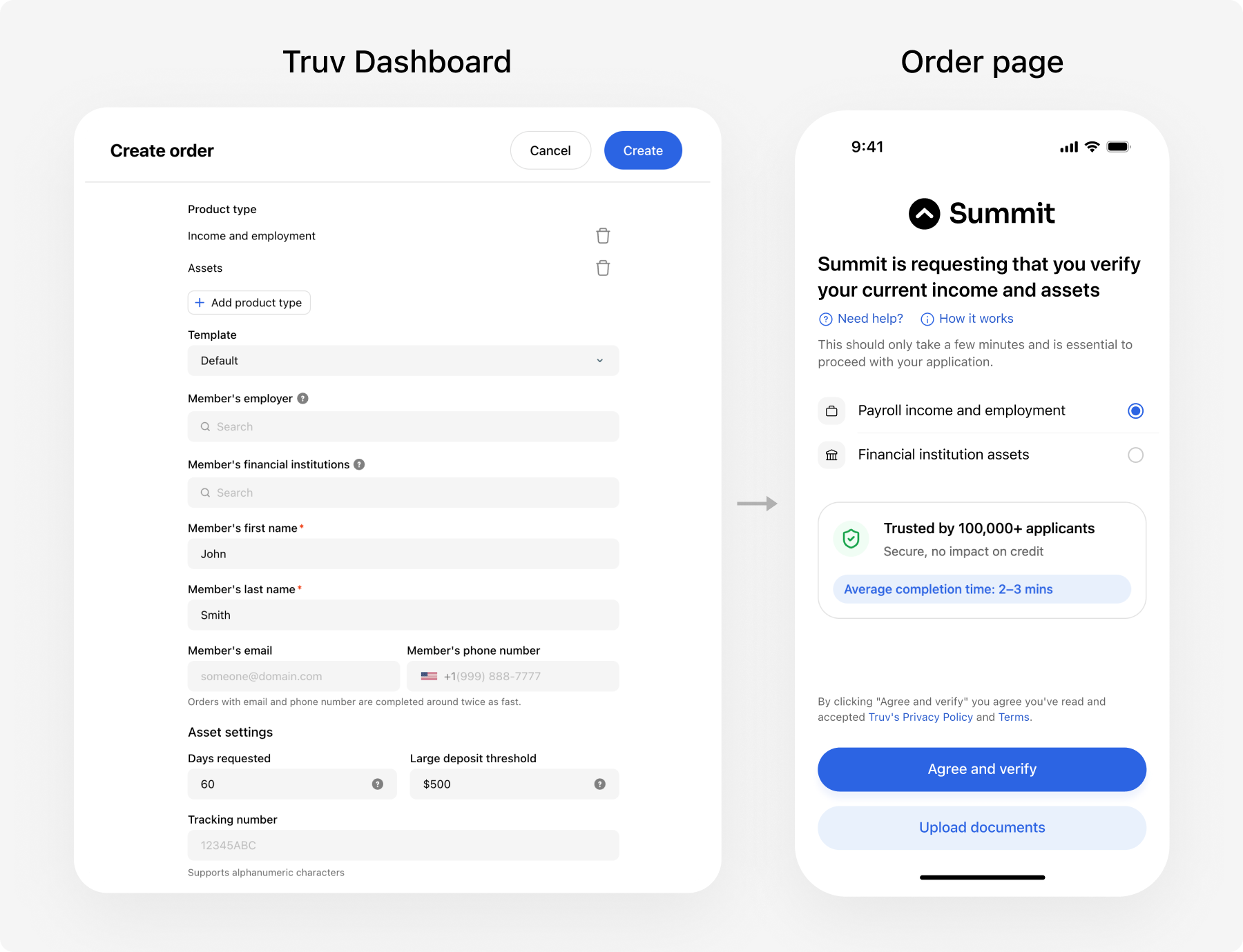 Truv Dashboard and order landing page