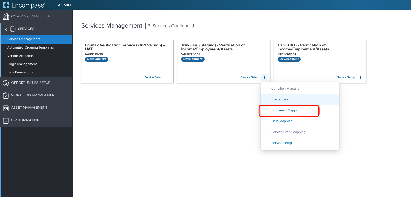 Services Management, Document Mapping menu
