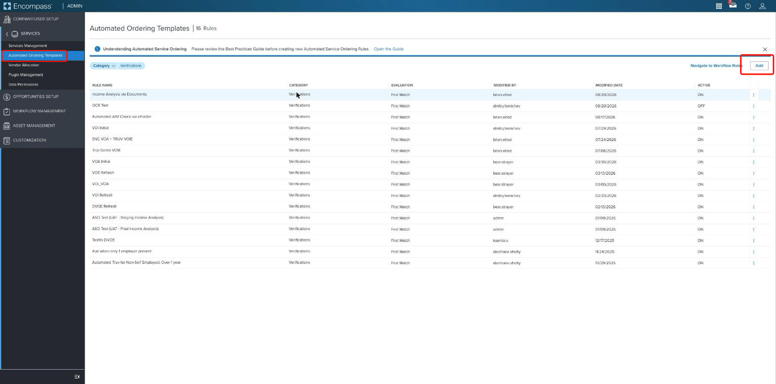 Automated Ordering Templates list