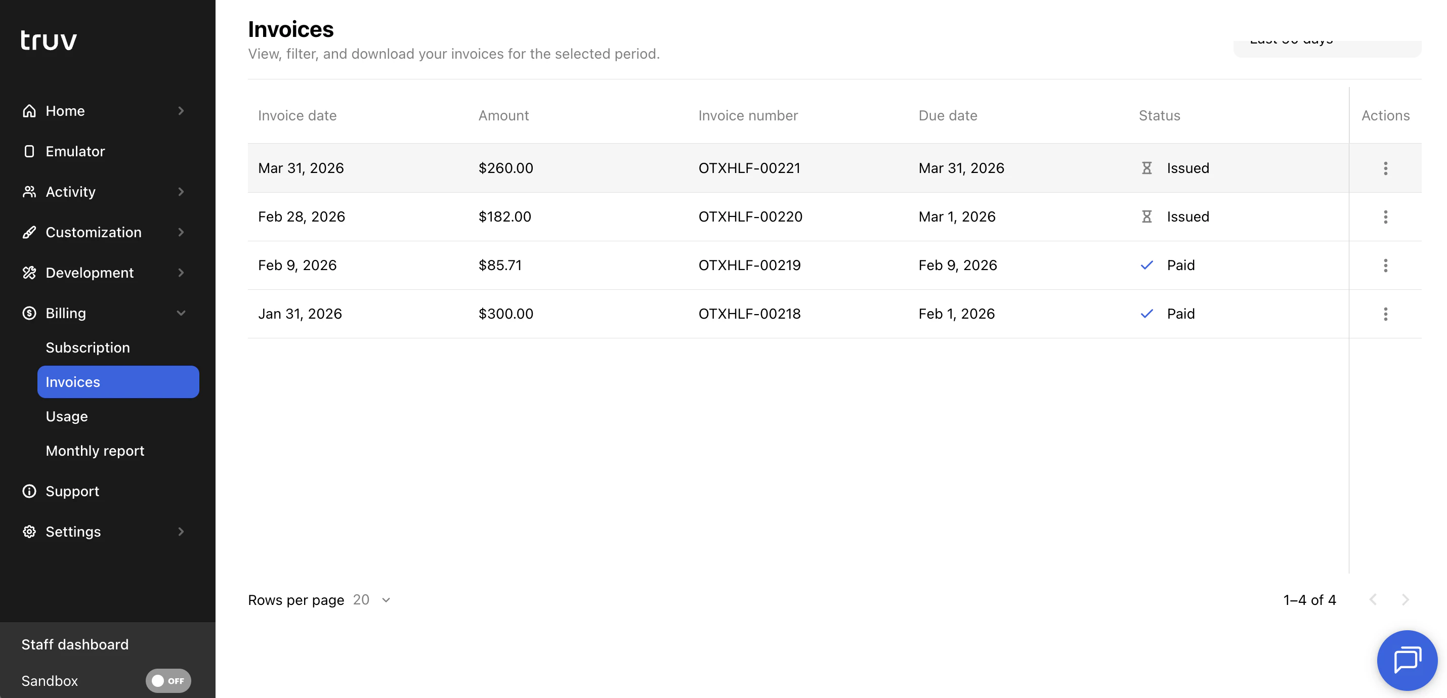 Truv Dashboard - Invoices