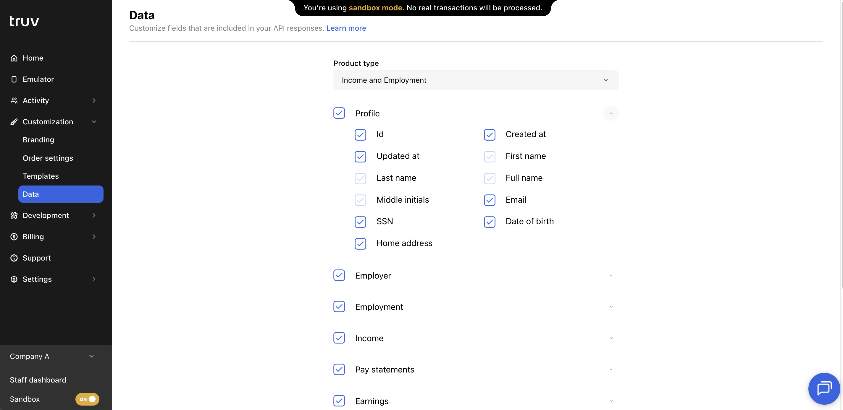 Truv Dashboard - Data