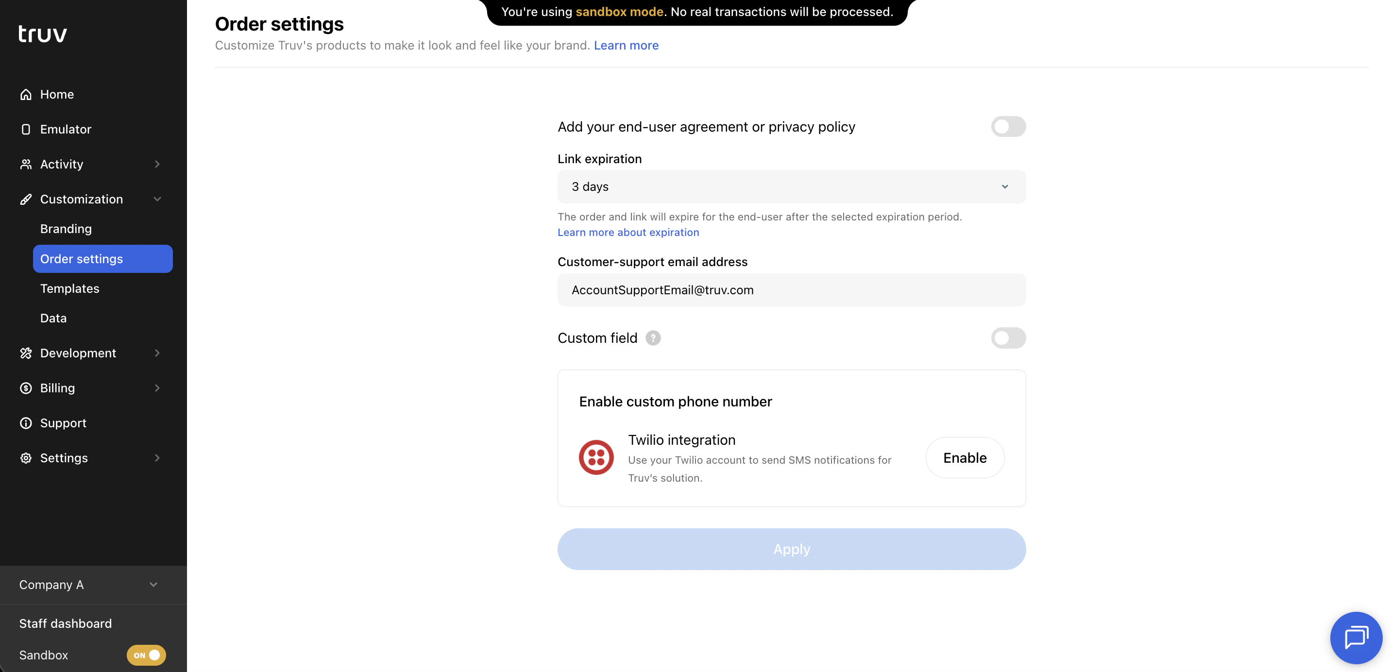 Truv Dashboard - Order settings