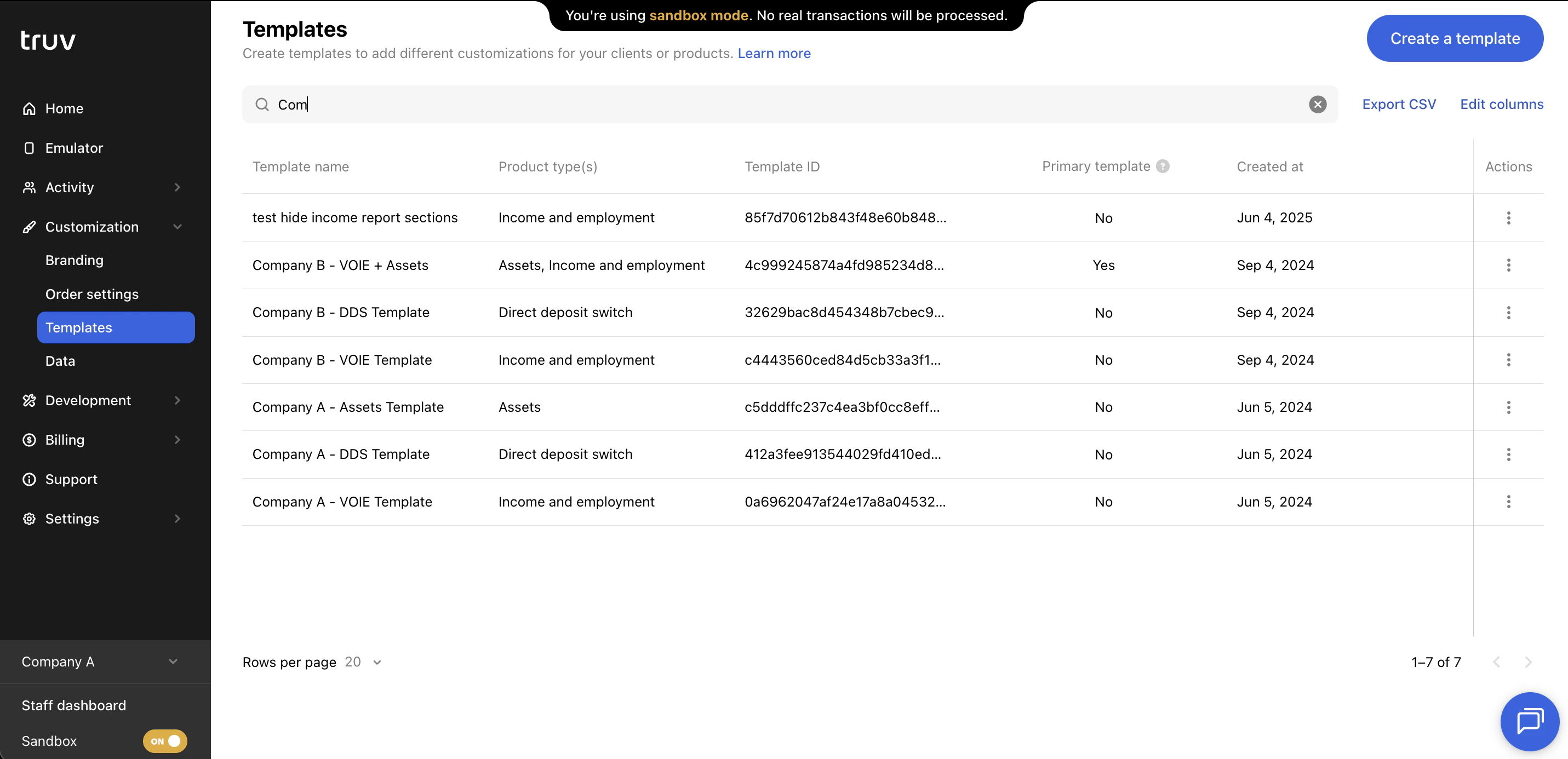 Truv Dashboard - Templates