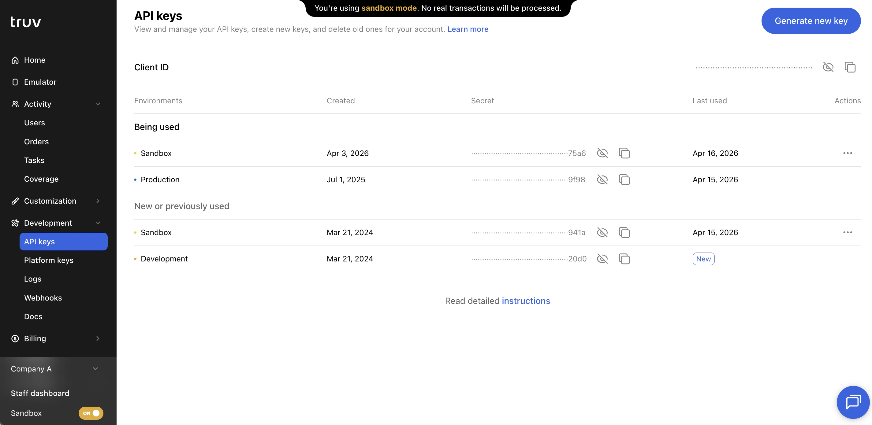 Truv Dashboard - API Keys