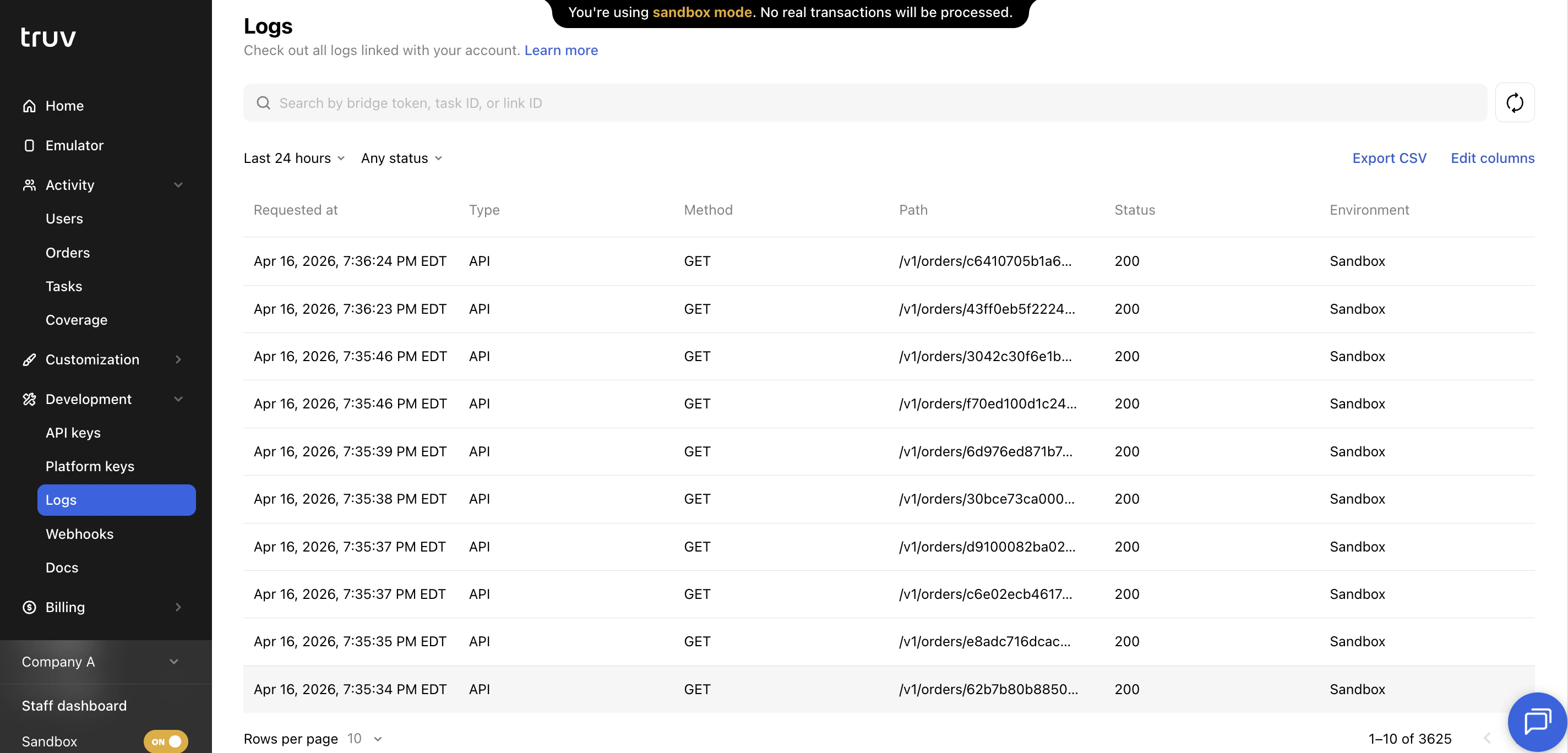 Truv Dashboard - Logs