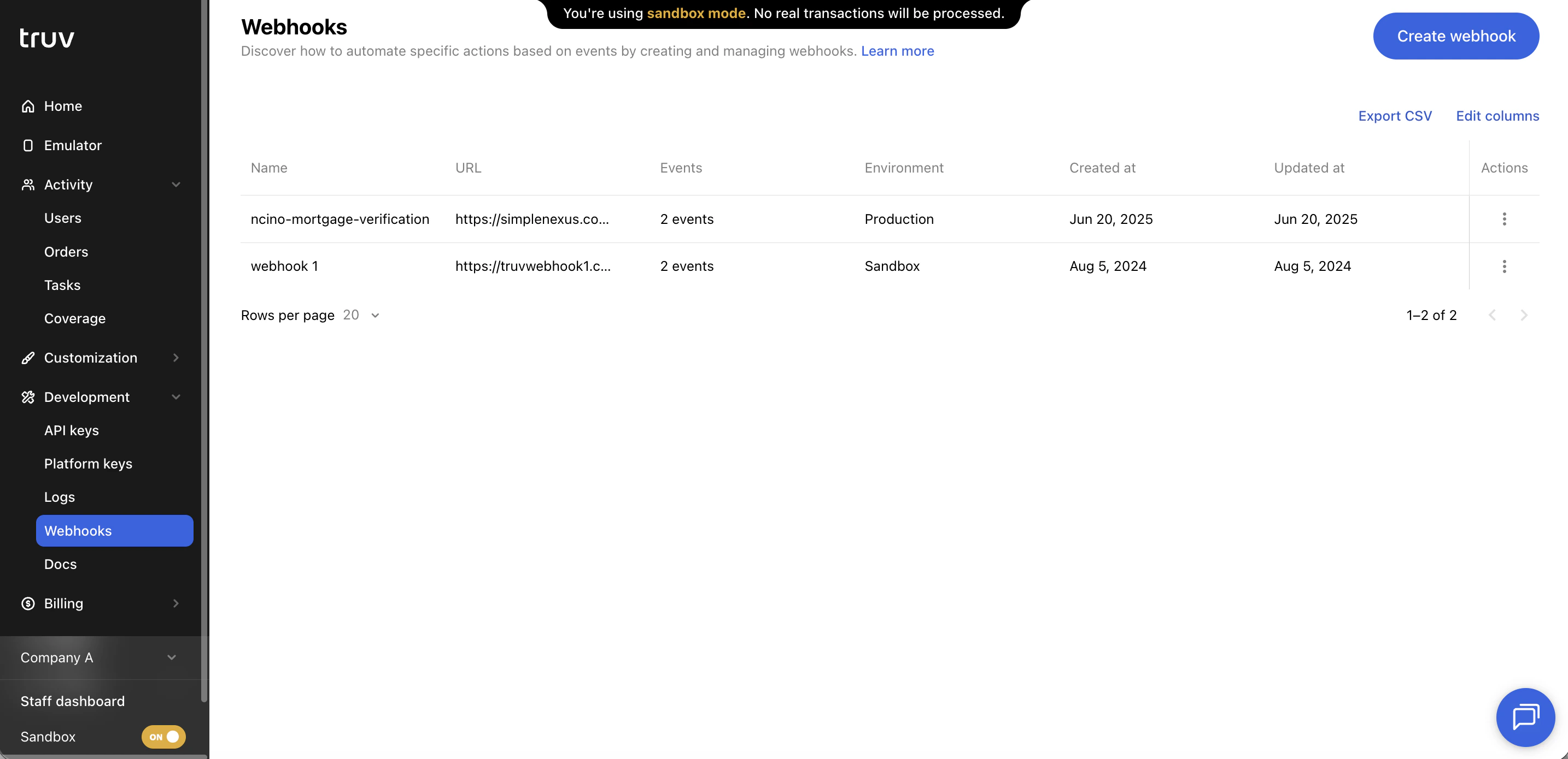 Truv Dashboard - Webhooks