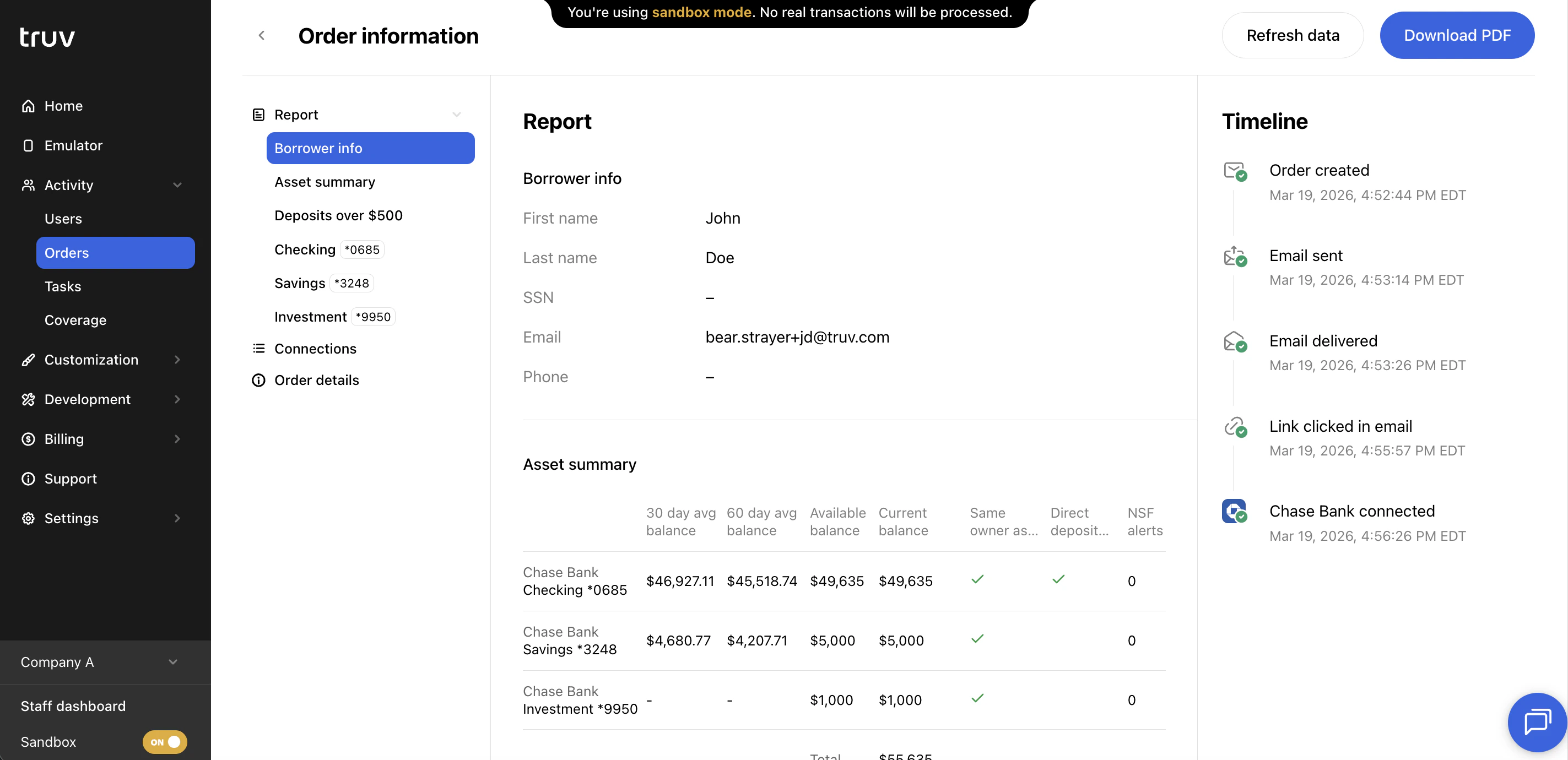 Truv Dashboard - Order detail