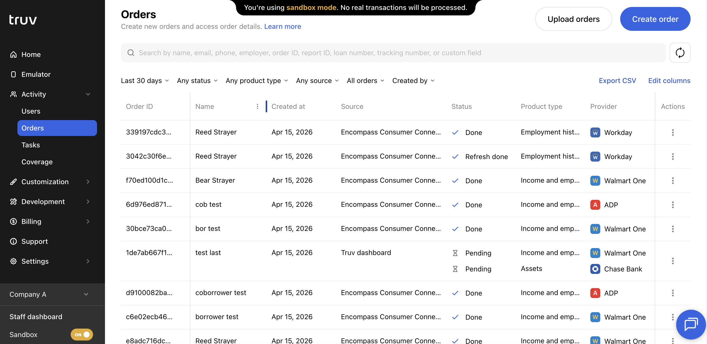 Truv Dashboard - Orders
