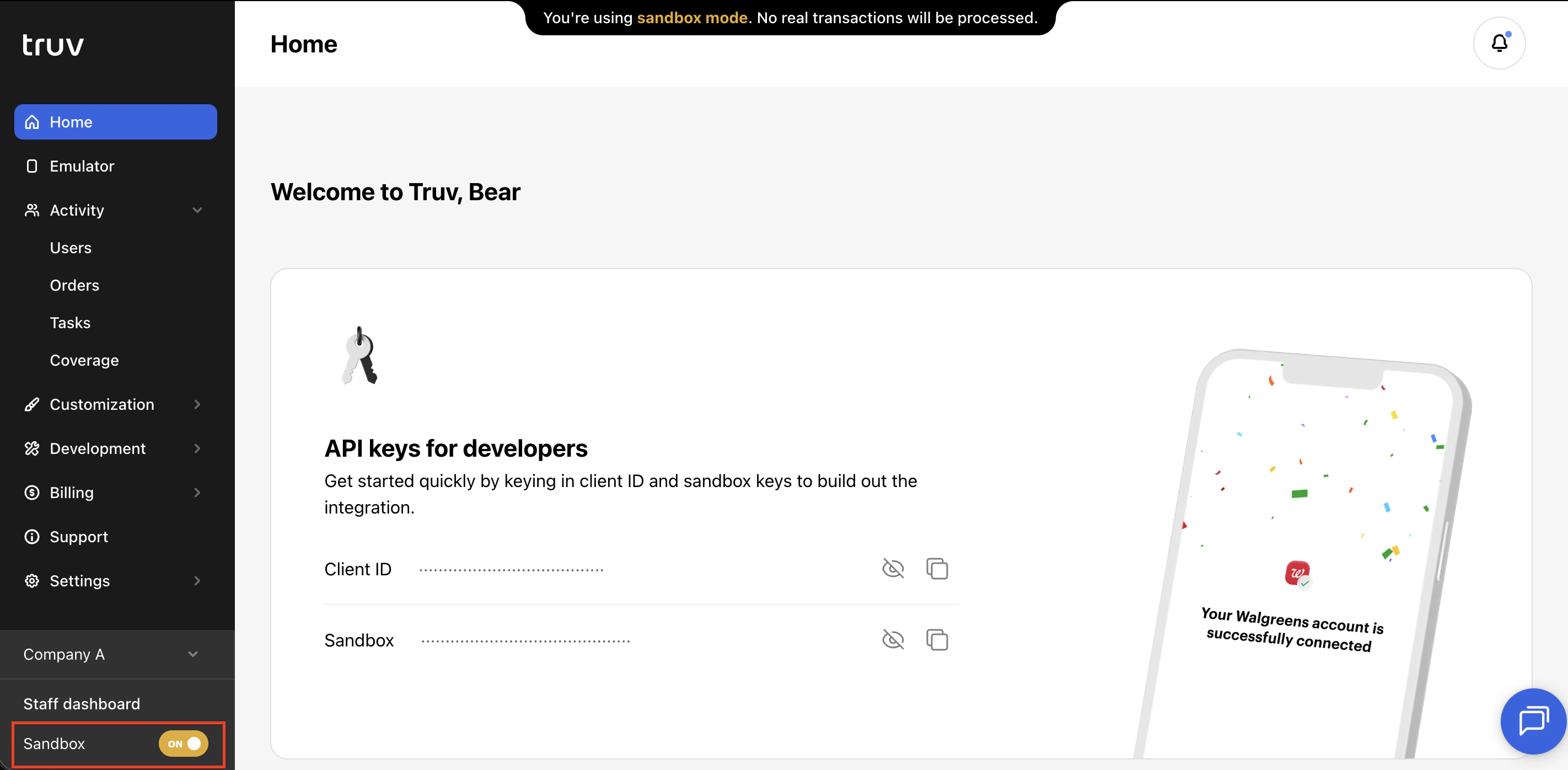 Sandbox mode toggle in Truv Dashboard