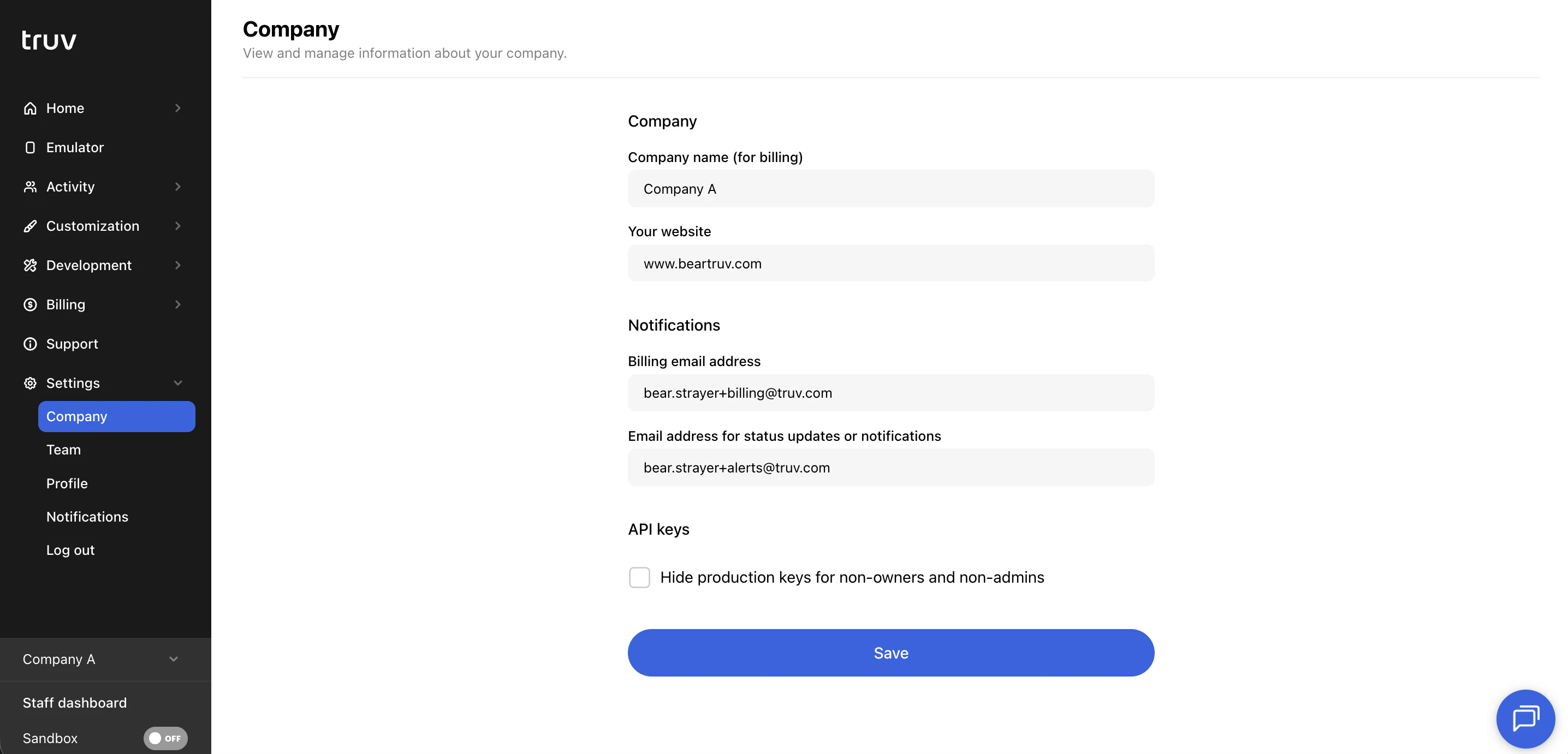 Truv Dashboard - Company settings