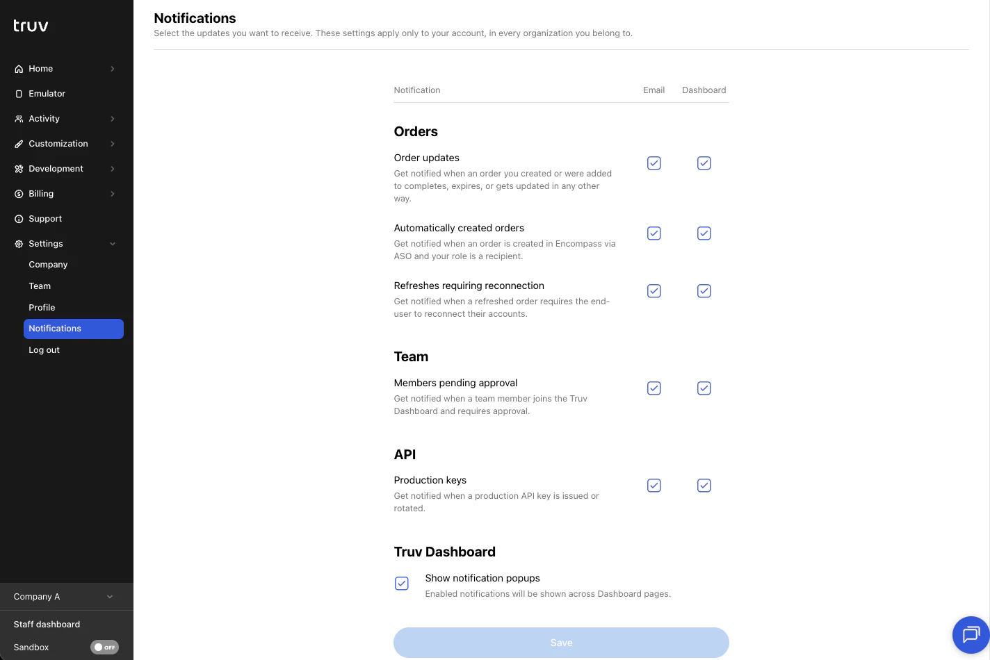 Truv Dashboard - Notifications