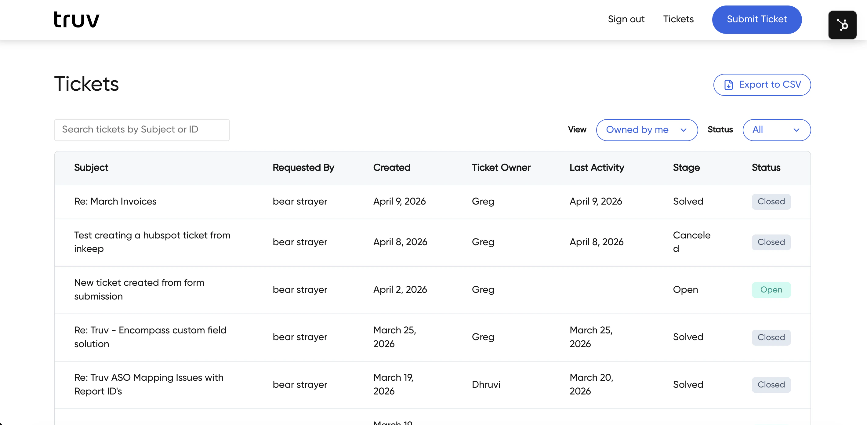 Truv Dashboard - Support