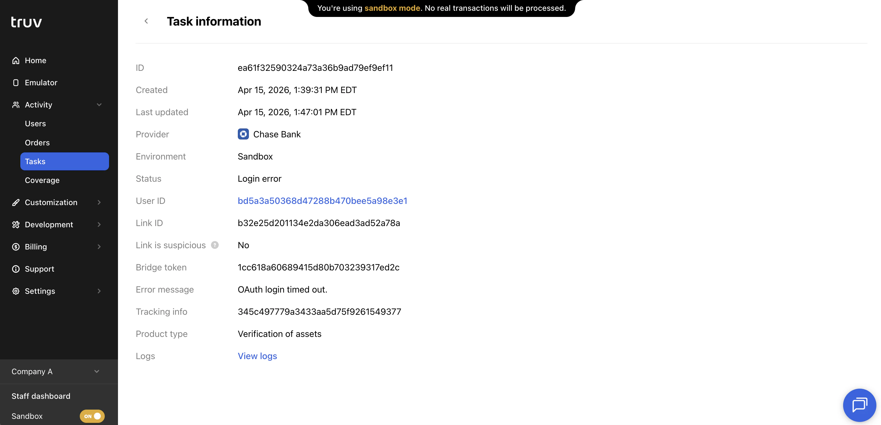 Truv Dashboard - Task detail