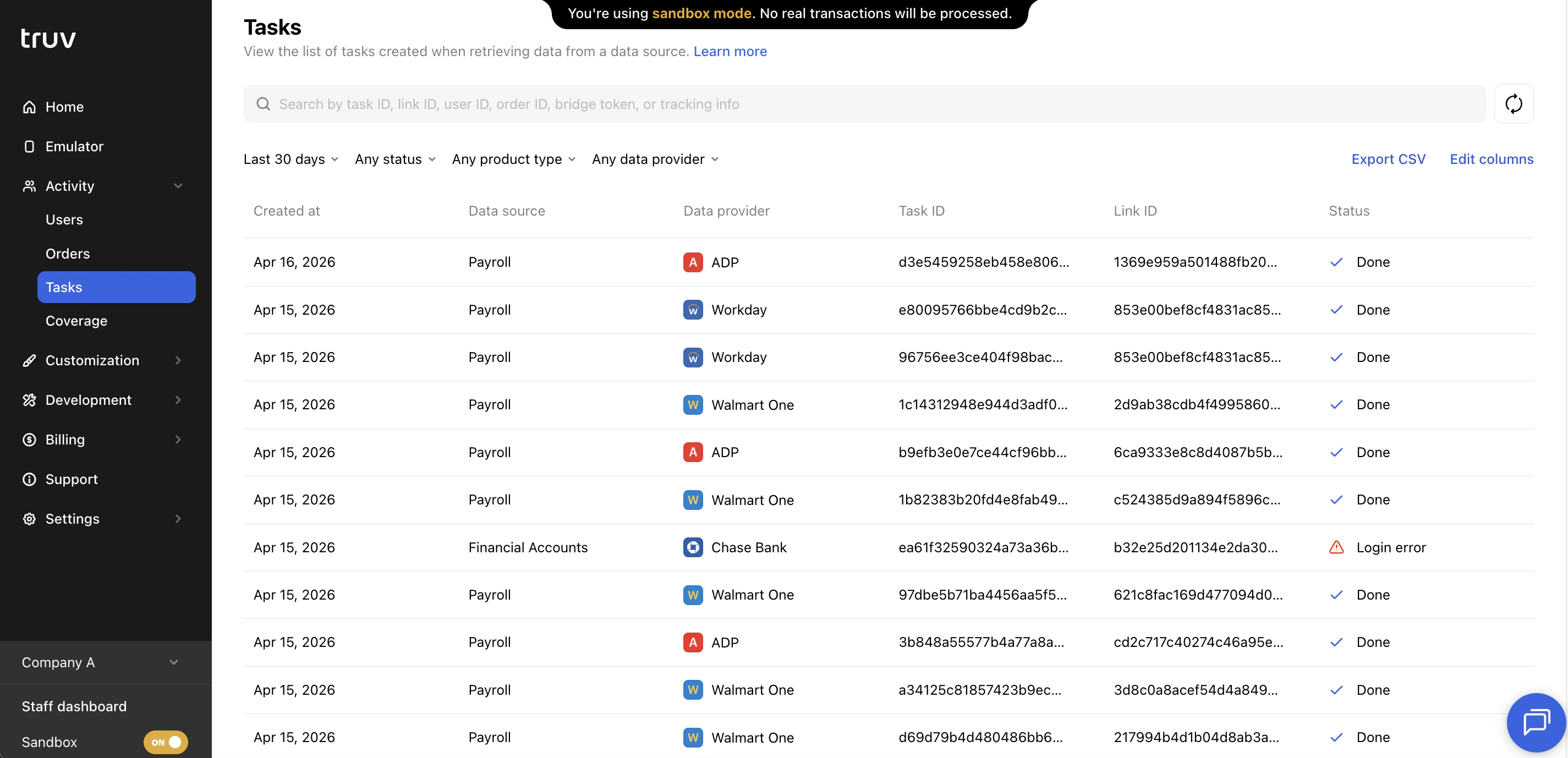 Truv Dashboard - Tasks