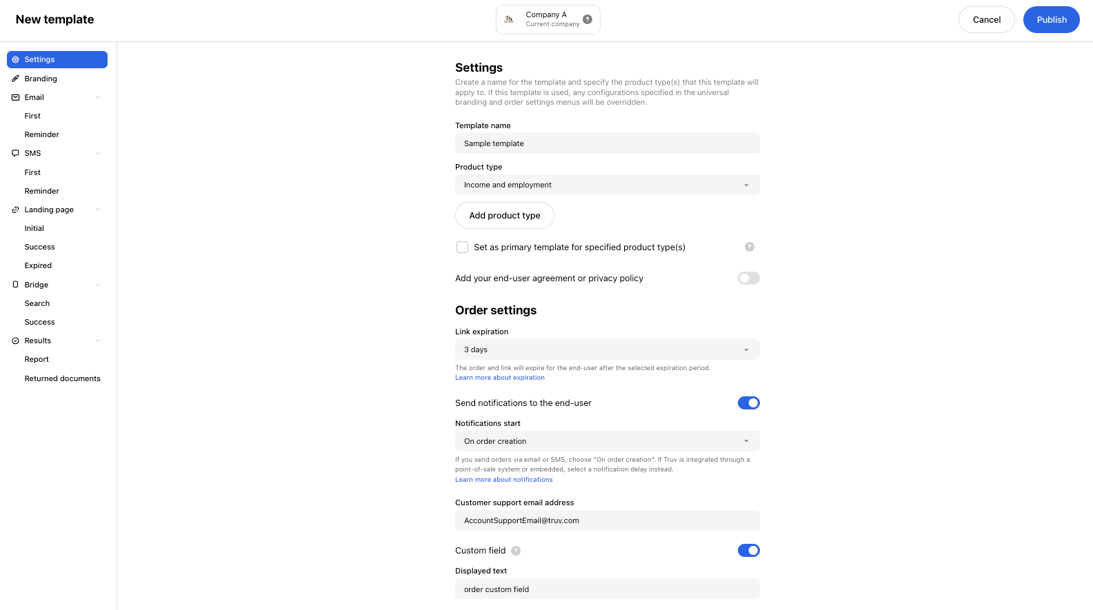 Truv Dashboard - Template settings