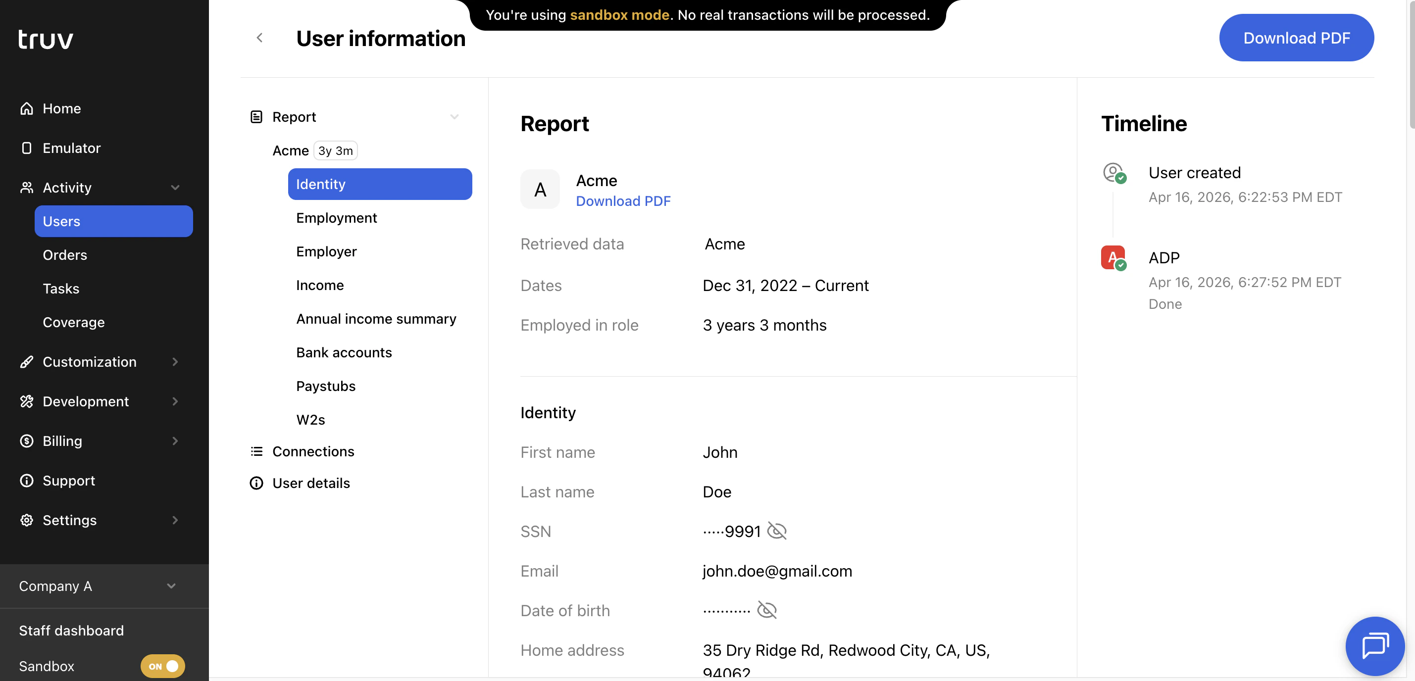Truv Dashboard - User detail