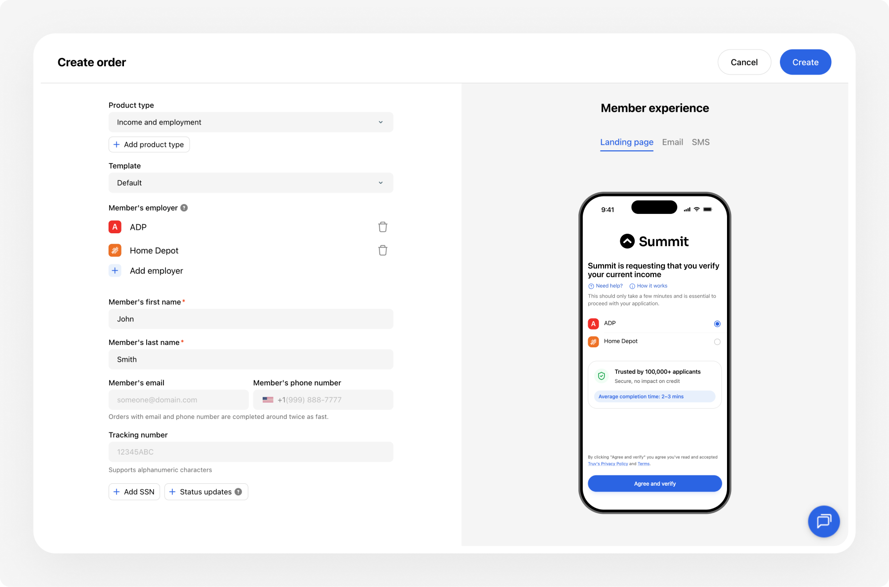 Dashboard - Create an order