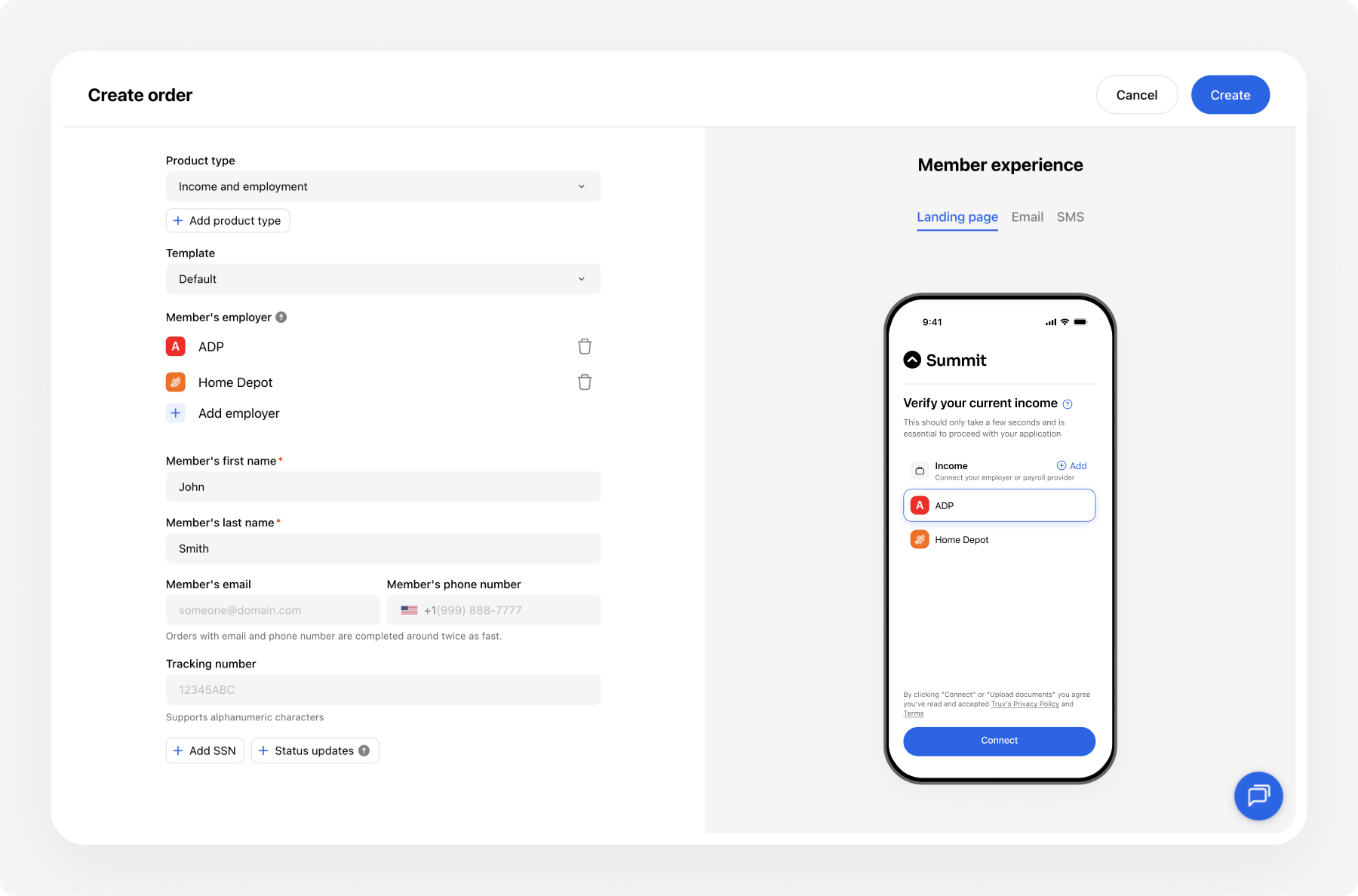 Create order in Truv Dashboard